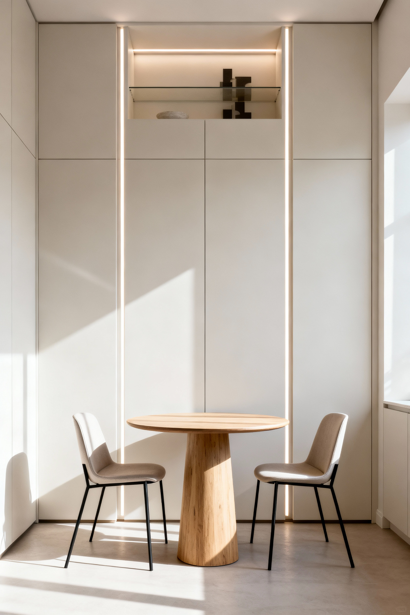 Small dining room featuring custom, floor-to-ceiling built-in cabinetry and vertical storage solutions designed to maximize space and create the illusion of higher ceilings.