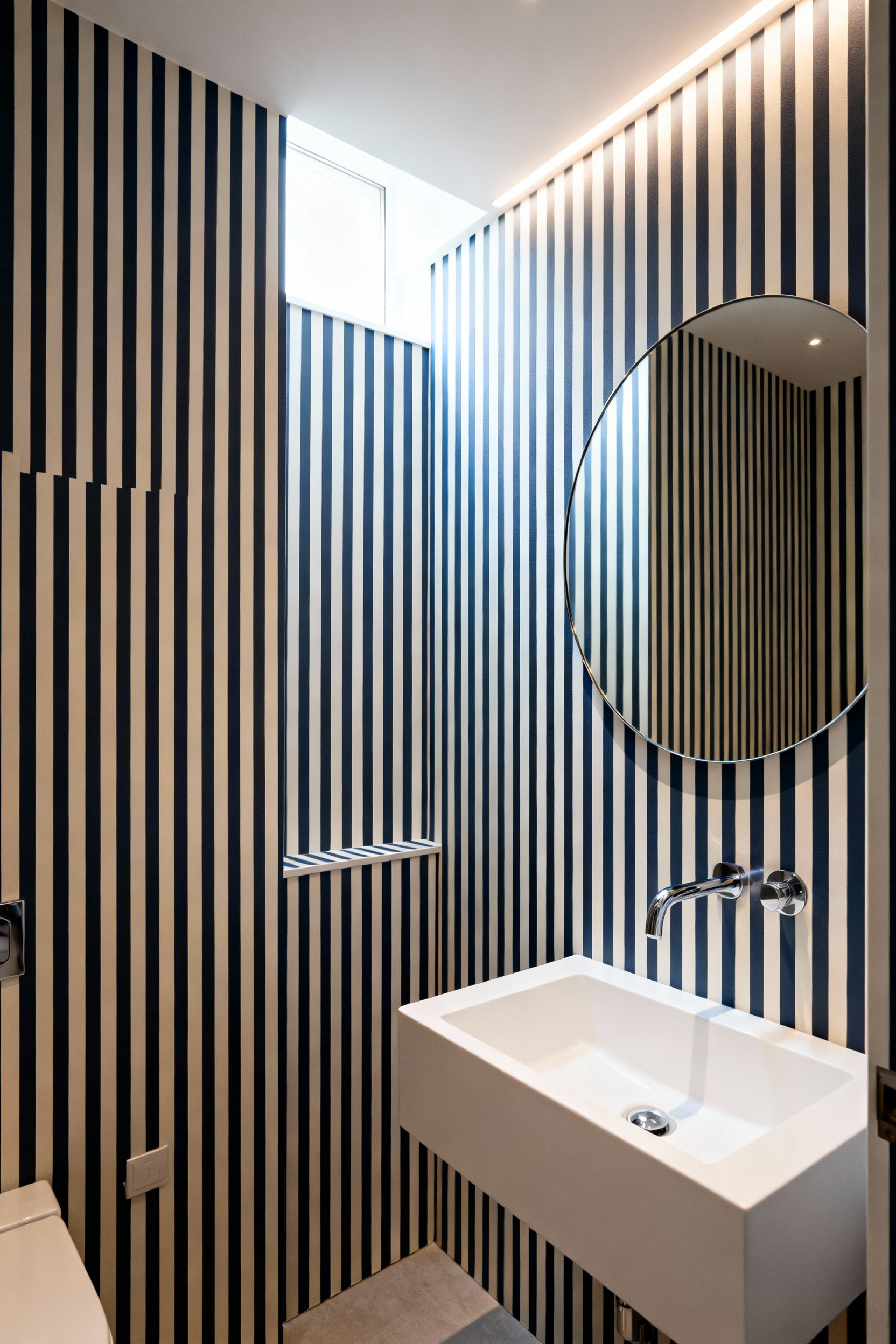 A compact bathroom featuring bold vertical striped wallpaper designed to create the illusion of a much higher ceiling and provide necessary architectural structure.