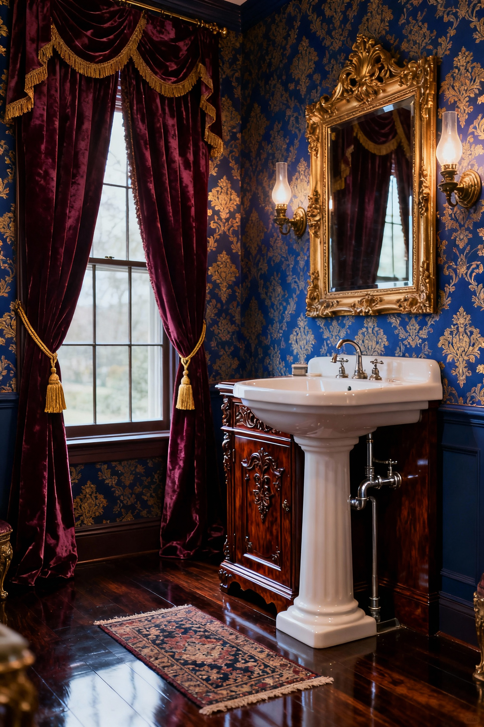 An ornate Victorian-era bathroom interior resembling a parlor, featuring mahogany encased porcelain fixtures, deep sapphire blue damask wallpaper, and heavy ruby velvet drapes.