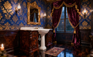 An ornate Victorian-era bathroom interior resembling a parlor, featuring mahogany encased porcelain fixtures, deep sapphire blue damask wallpaper, and heavy ruby velvet drapes.