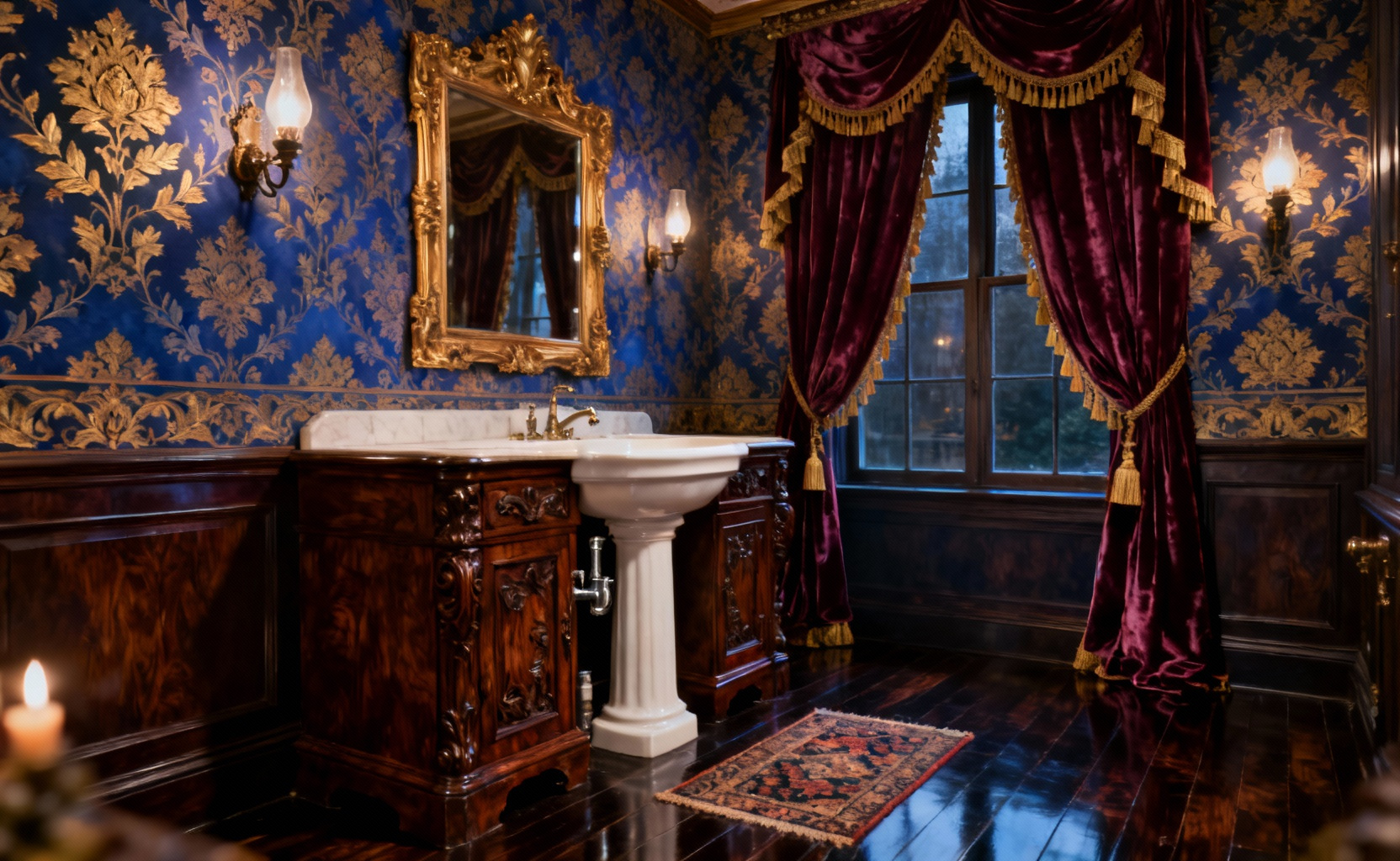 An ornate Victorian-era bathroom interior resembling a parlor, featuring mahogany encased porcelain fixtures, deep sapphire blue damask wallpaper, and heavy ruby velvet drapes.