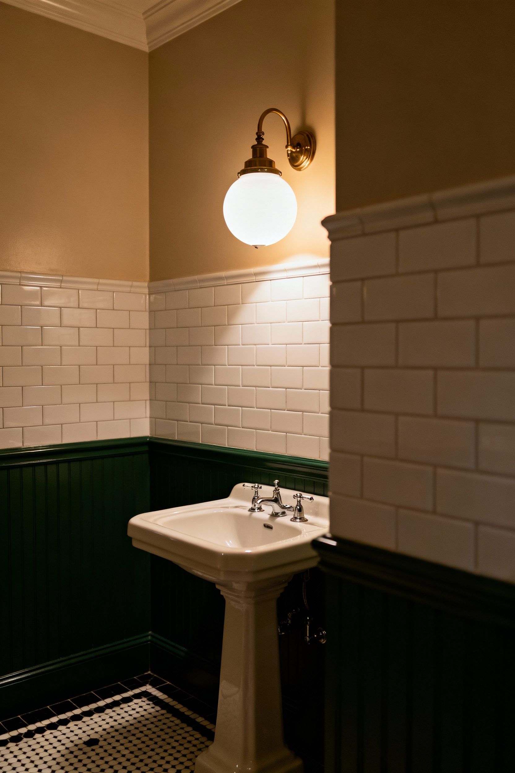 A vintage bathroom featuring a pedestal sink, white subway tile, and a gently glowing schoolhouse light fixture with opaque milk glass diffusion, demonstrating soft, glare-free illumination.