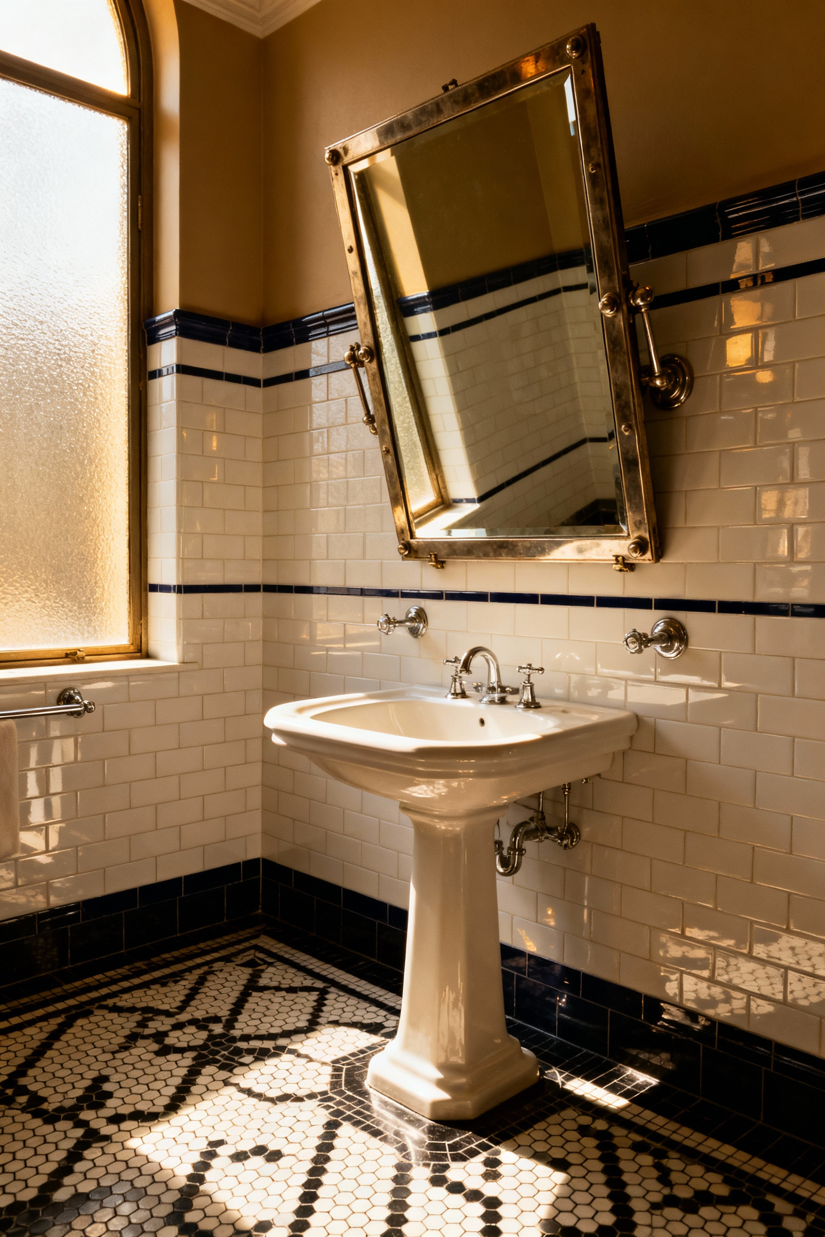 A vintage grand hotel bathroom featuring a white pedestal sink and a rectangular pivoting mirror mounted with aged nickel hardware, showcasing early 20th-century luxury accommodation.