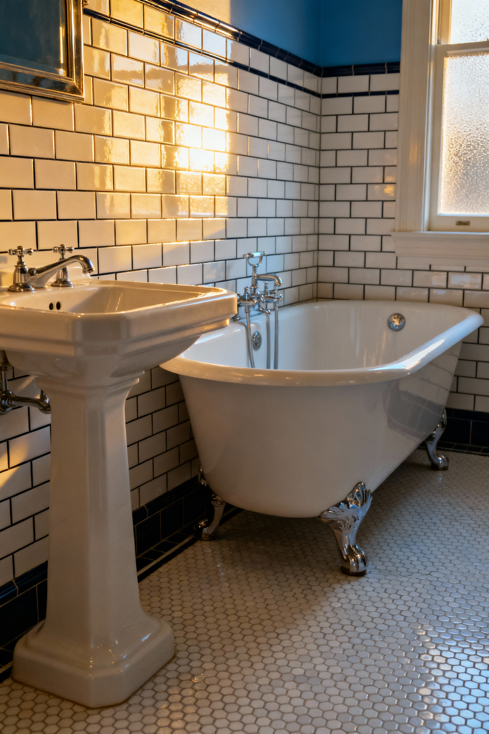 A pristine vintage bathroom interior featuring glossy white subway tile walls installed with contrasting dark charcoal grout, a white pedestal sink, and a clawfoot tub under soft, bright natural light
