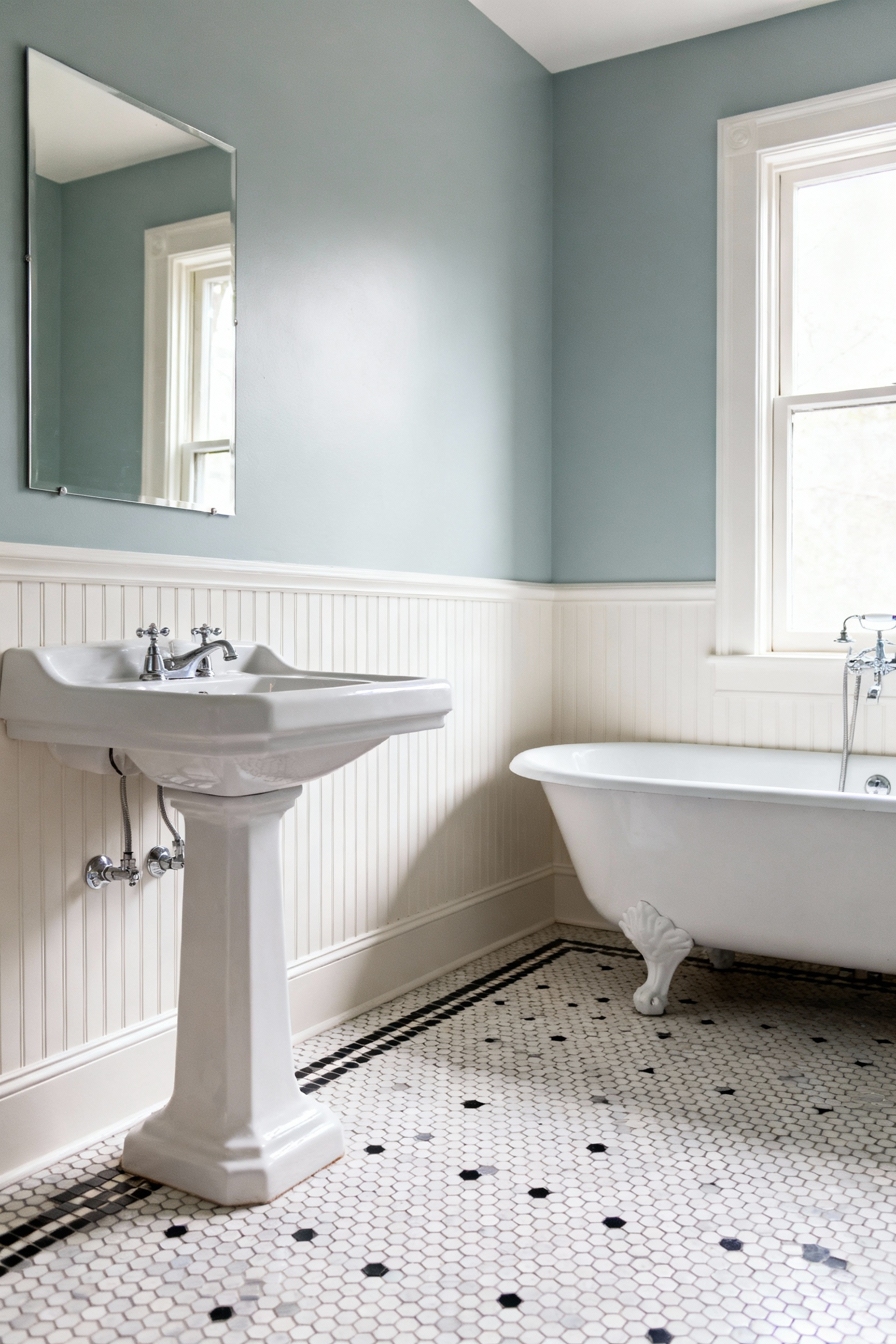 Vintage bathroom design featuring white board-and-batten wainscoting below pale blue walls, anchoring a white porcelain pedestal sink and a classic clawfoot tub.