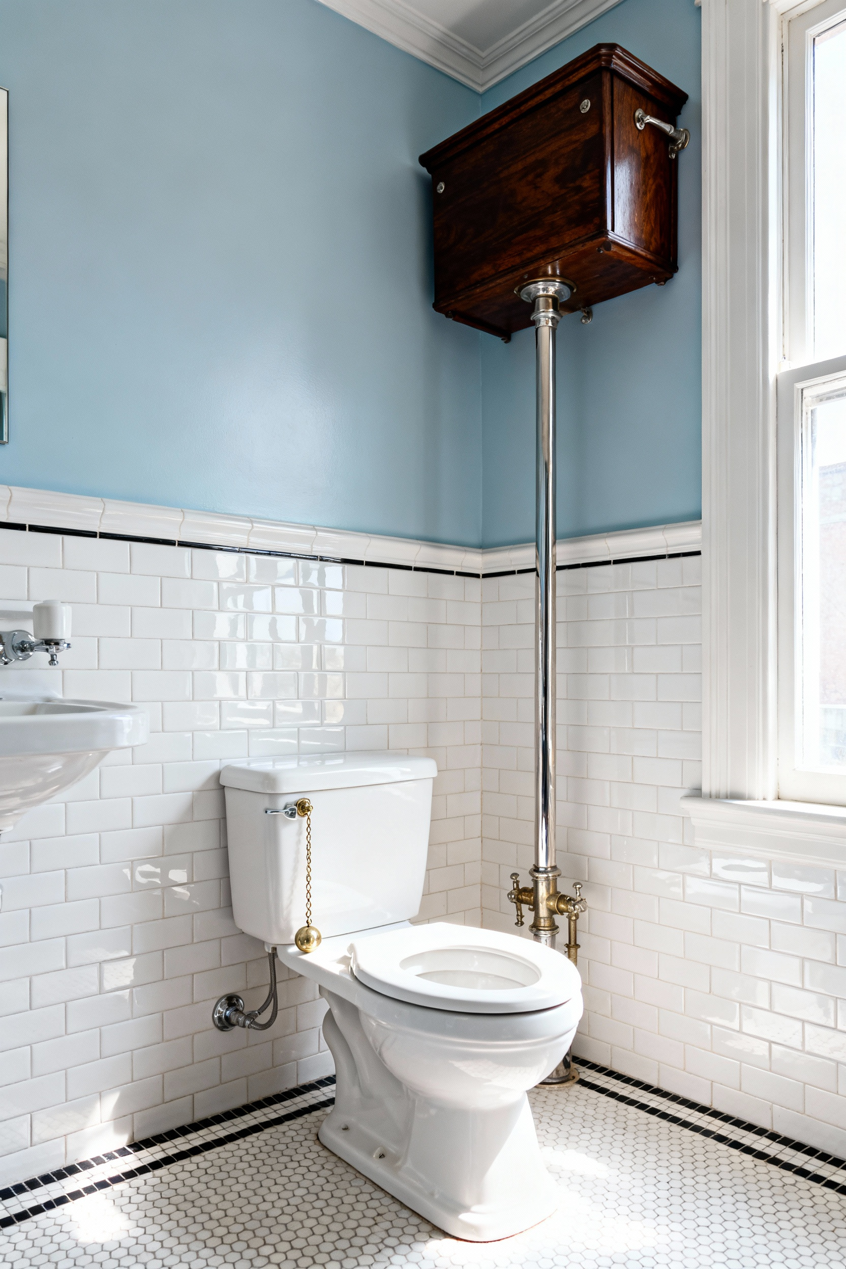 A detailed view of an elegant Victorian bathroom featuring a high-tank toilet with a polished nickel flush pipe extending from the high cistern near the ceiling down to the porcelain bowl.