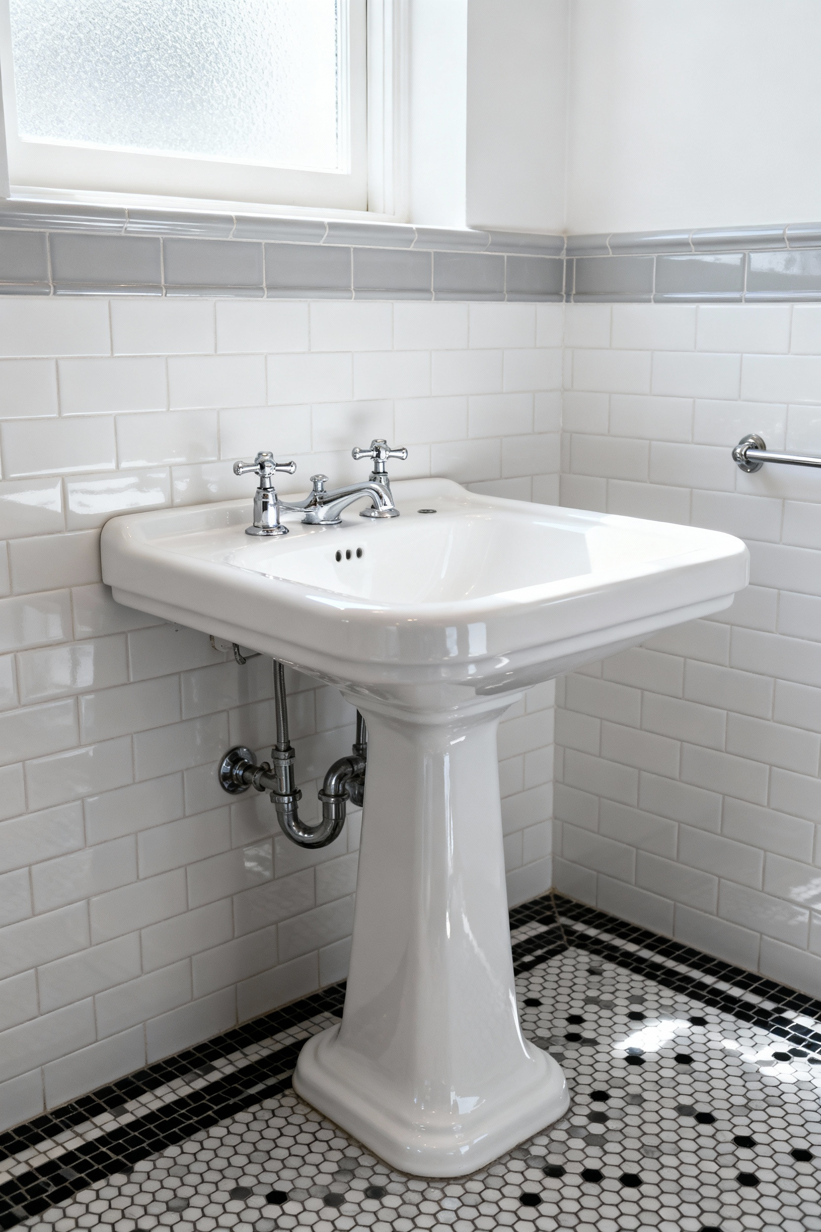 A brilliant white vitreous china pedestal sink in an architecturally significant early 20th-century inspired bathroom featuring subway tile walls and a hexagonal mosaic tile floor.