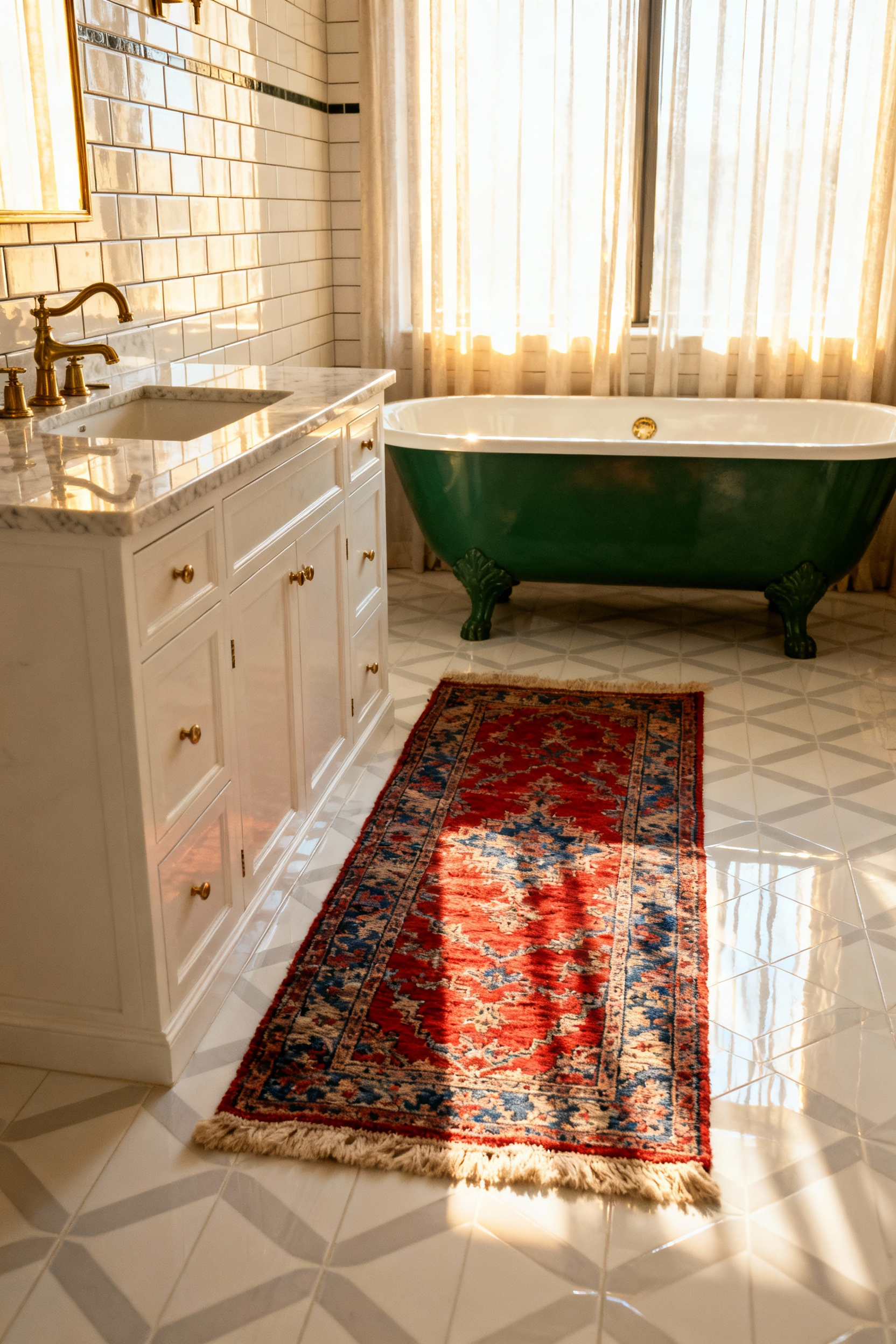 Antique Persian Oushak runner rug placed prominently on a white geometric tiled bathroom floor next to a marble vanity with brass fixtures, demonstrating vintage bathroom luxury and warmth.