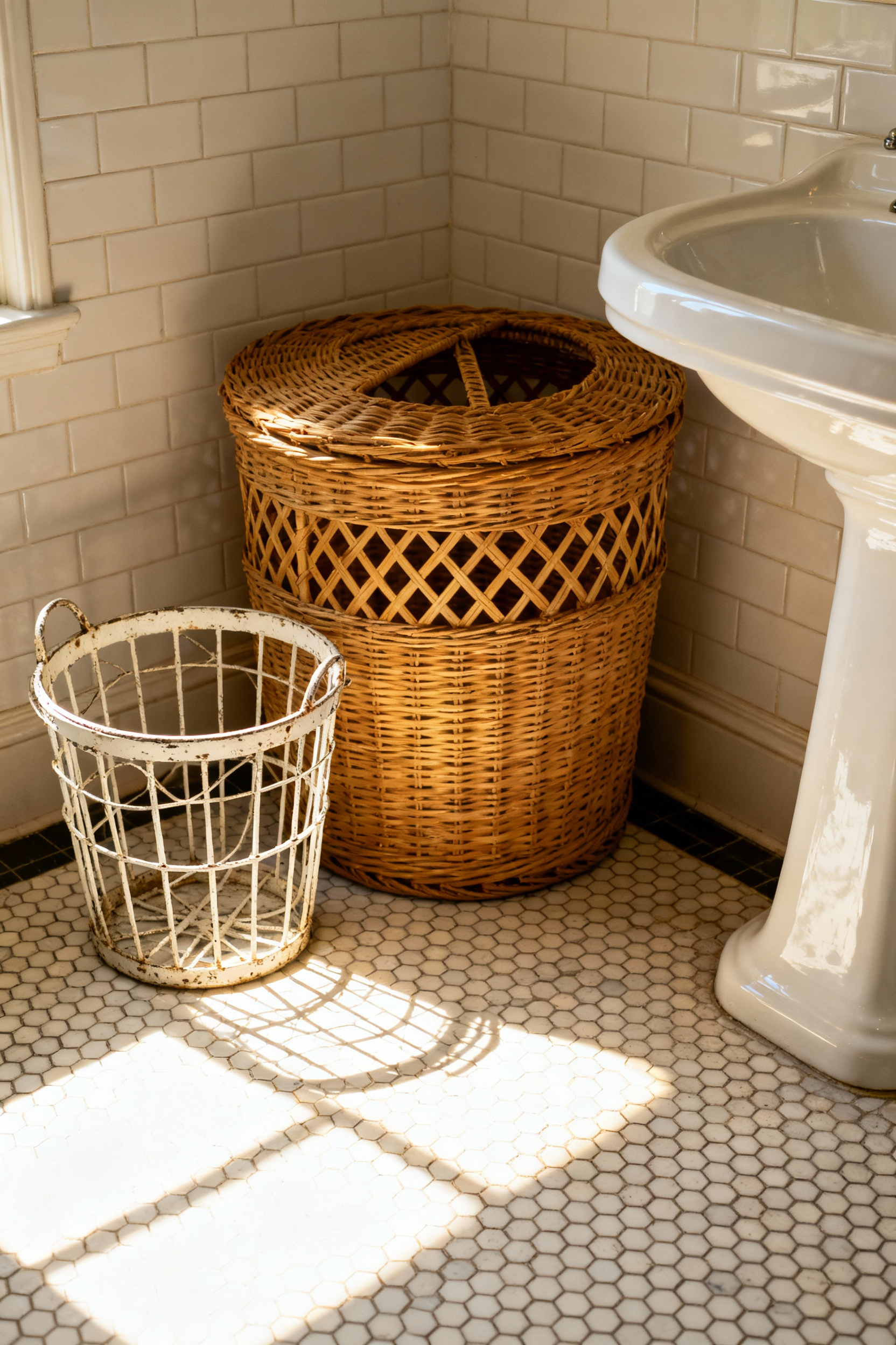 A vintage 1920s bathroom featuring a natural open-weave wicker hamper and an antique wire hamper contrasting against white subway tile and a porcelain pedestal sink.