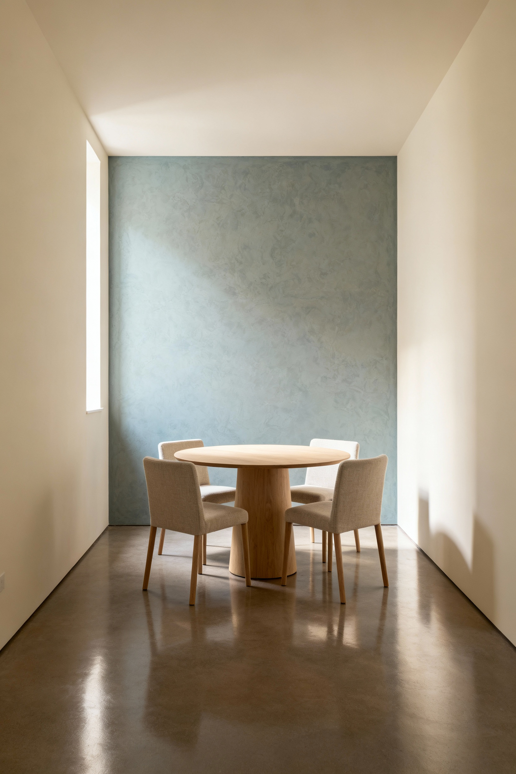 A small, modern dining room designed using atmospheric perspective, featuring a round light wood table and pale blue-gray paint applied to the farthest wall to simulate receding distance.