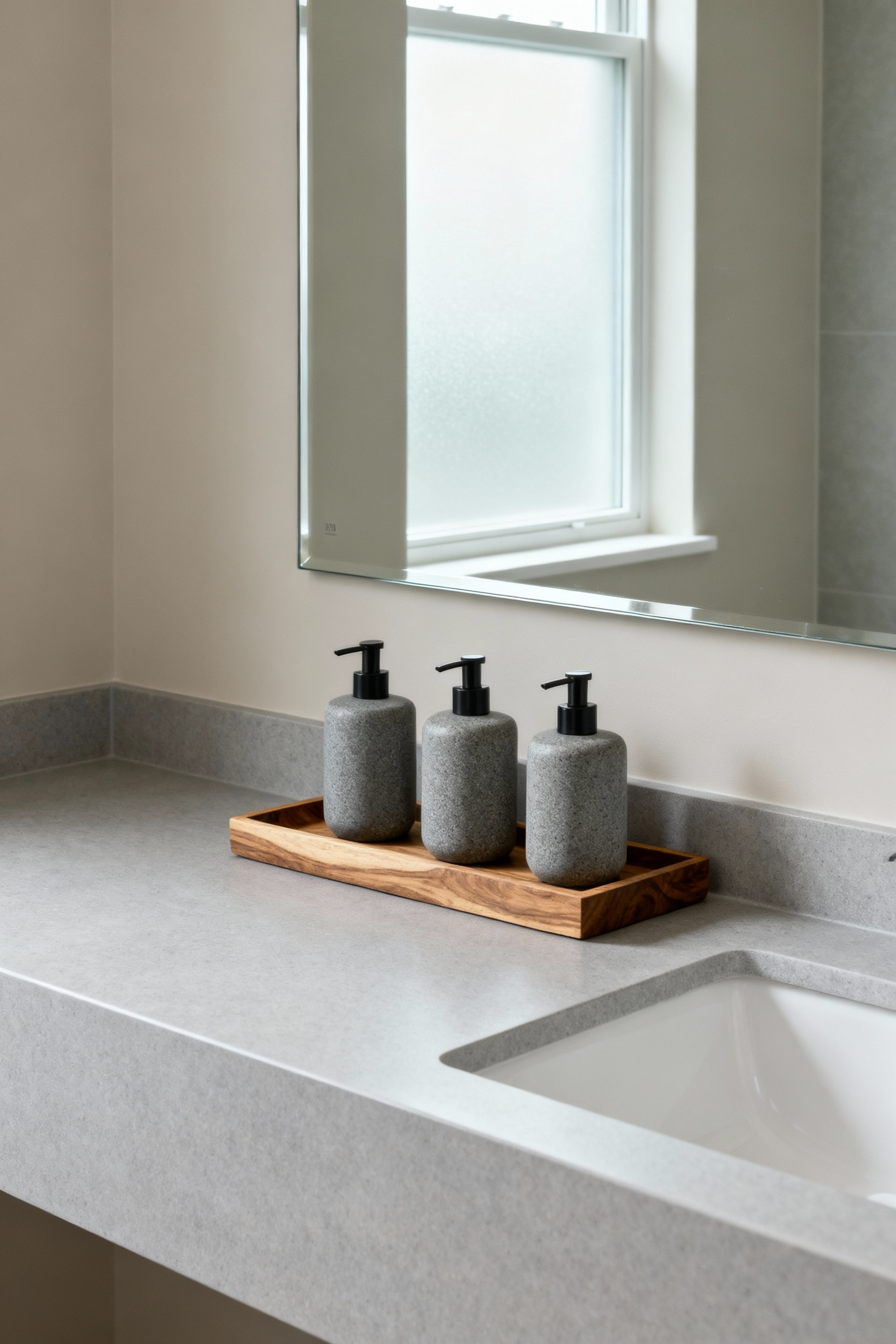 Minimalist bathroom vanity with pale gray countertop and three matching matte white dispensers on a small wooden tray, illustrating visual calm and organized bathroom accessories.