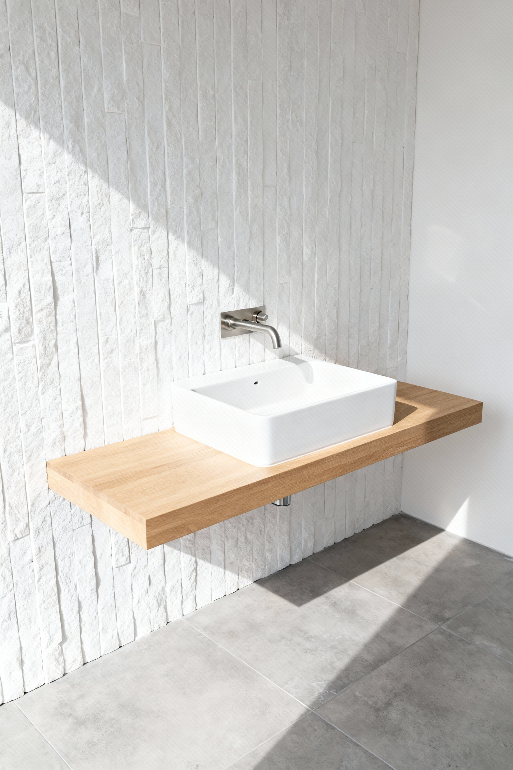 Modern small bathroom featuring a floating, slimline light oak vanity (15 inches deep) paired with space-saving wall-mounted brushed nickel plumbing, clearly demonstrating reclaimed counter and floor space.