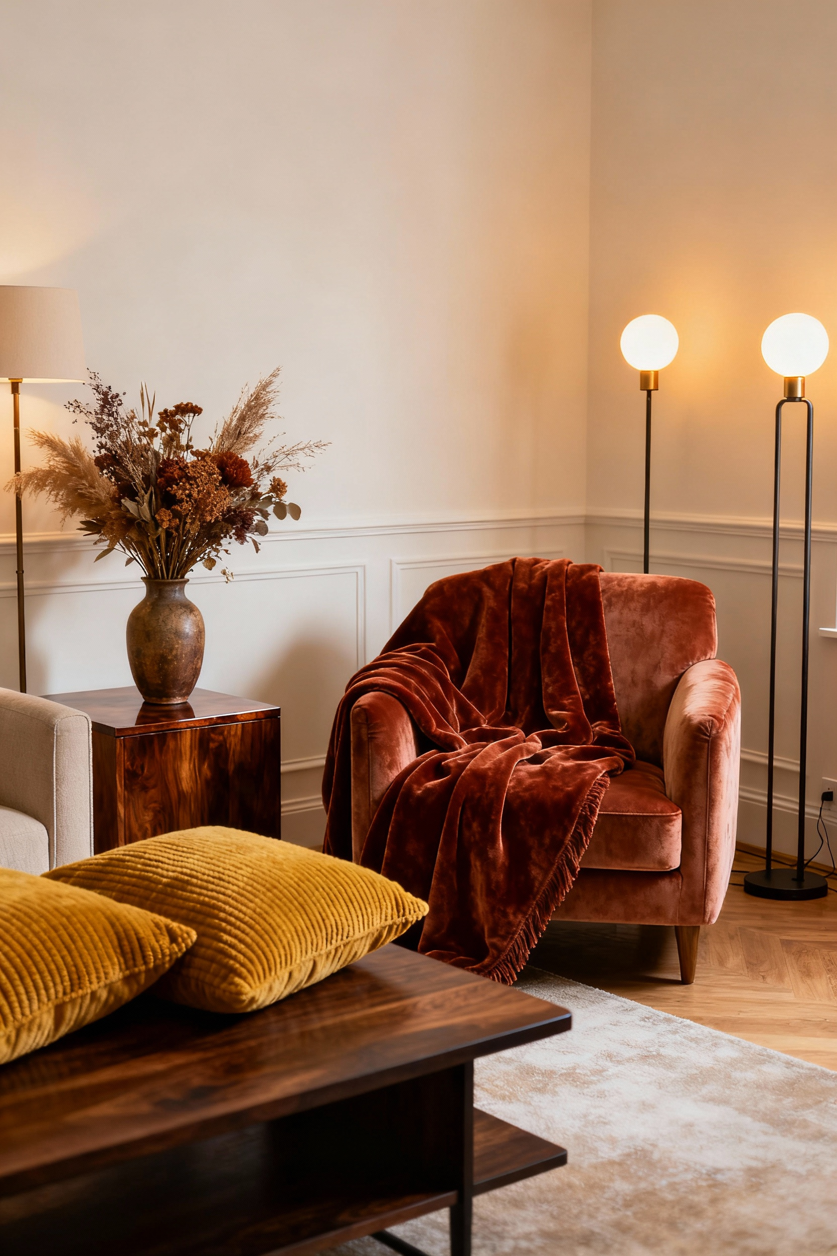 Cozy living room interior featuring warm color palettes, a rust-colored velvet throw, mustard-yellow cushions, and dark walnut furniture, bathed in soft ambient lighting, creating a comforting atmosphere.