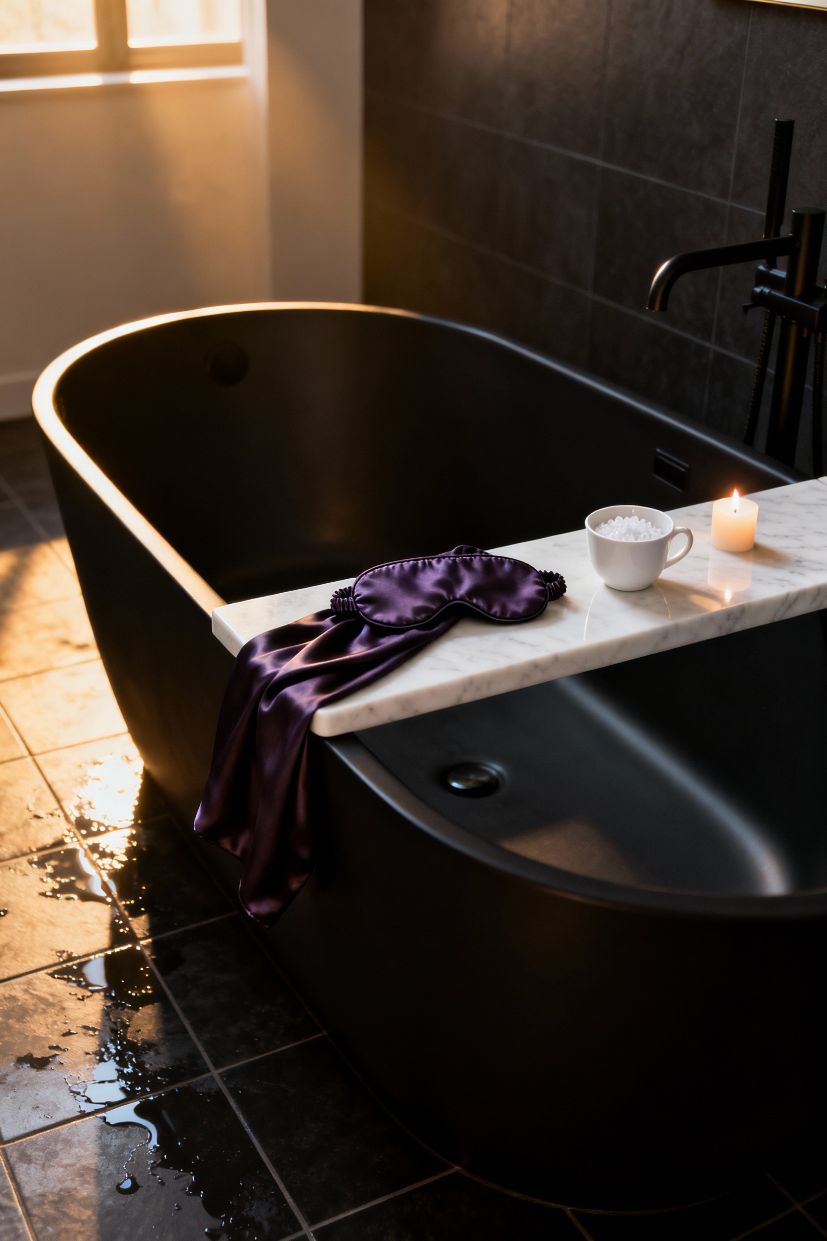 A luxurious weighted charcoal silk eye mask resting on a white marble bath caddy next to a deep soaking tub in a softly lit, minimalist bathroom, symbolizing sensory deprivation and relaxation accessories.