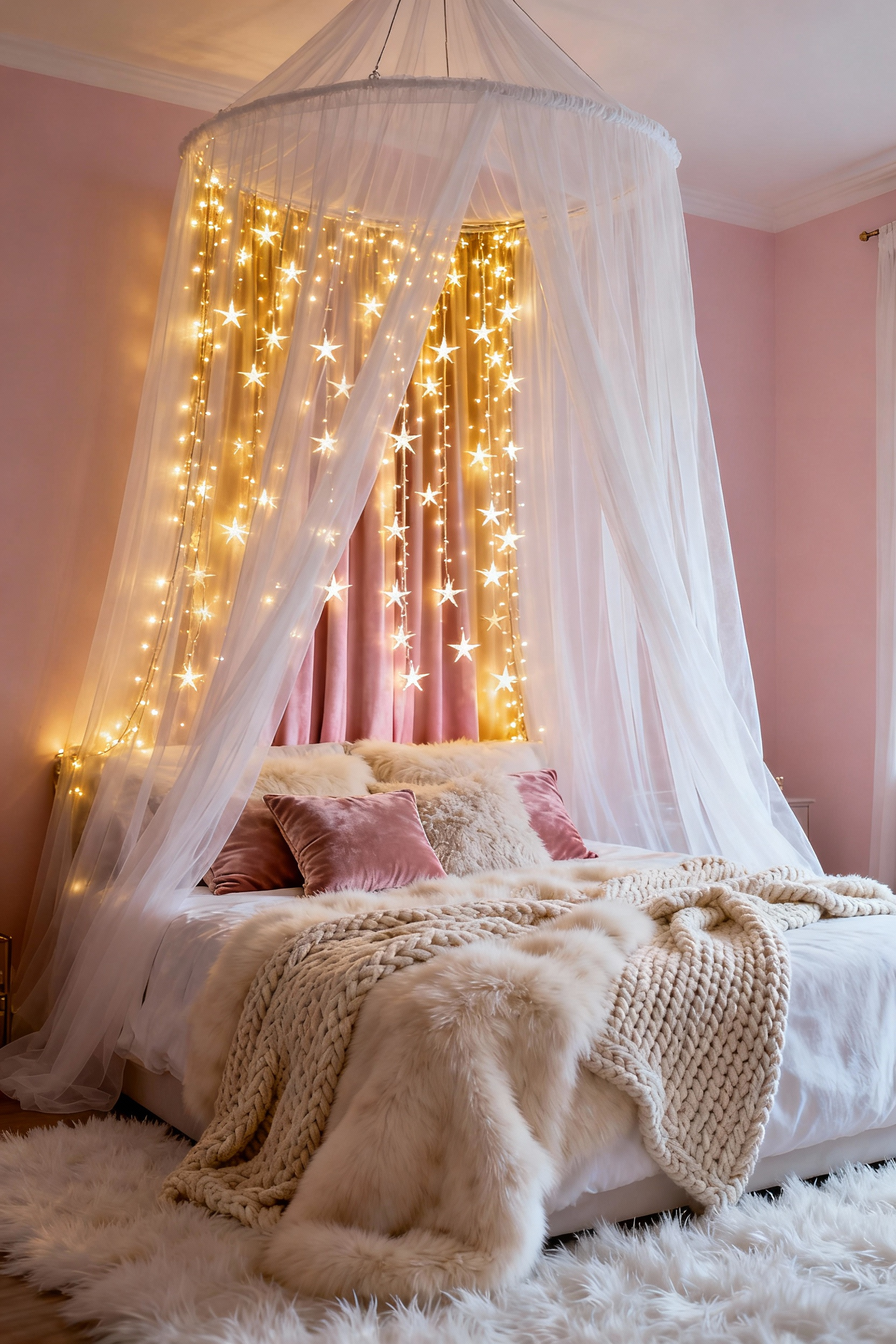 A warm and cozy girl's bedroom featuring a bed transformed into a magical retreat with sheer canopy, dense curtain fairy lights, and luxurious ivory faux fur throws, emphasizing golden winter coziness.