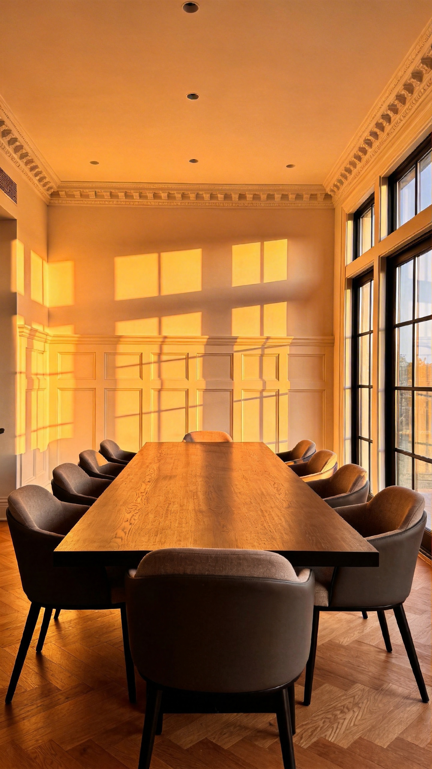A bright and airy dining room featuring elegant white wainscoting at the intermediate elevation and a large dark wood dining table.