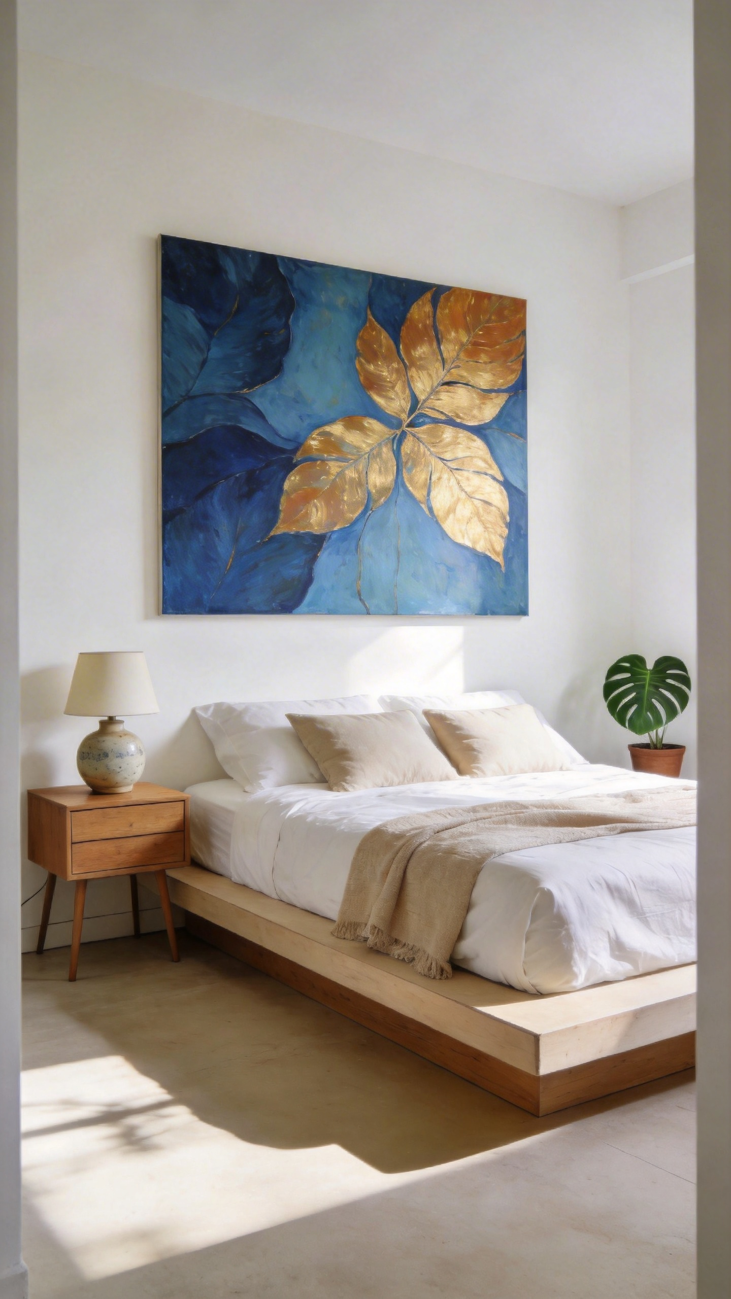 A small modern bedroom featuring a single large-scale abstract painting above the bed to serve as a calming visual focal point and anchor the decor.