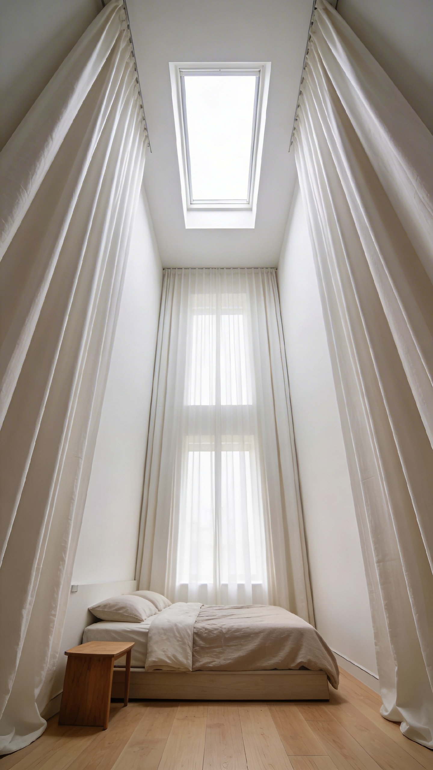 A small bedroom with floor-to-ceiling drapes designed to make the room feel taller and more spacious.