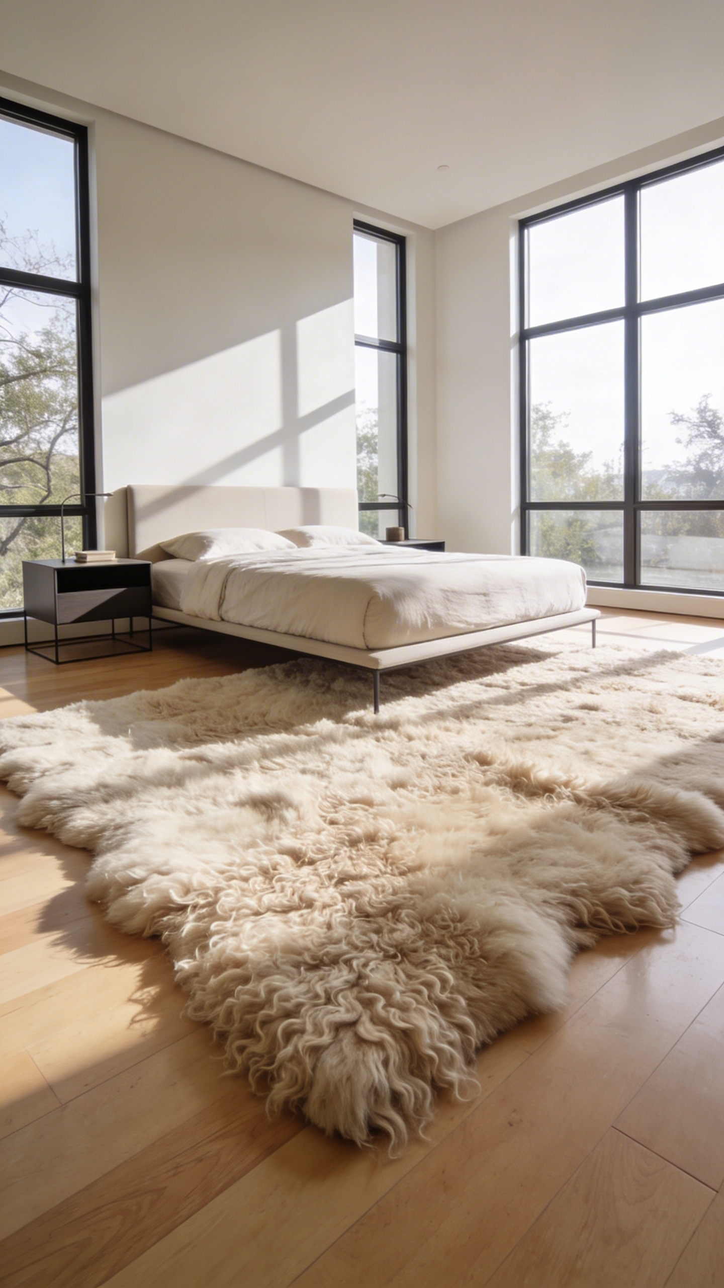 A spacious master bedroom featuring a thick natural wool rug for acoustic softening and interior design inspiration.