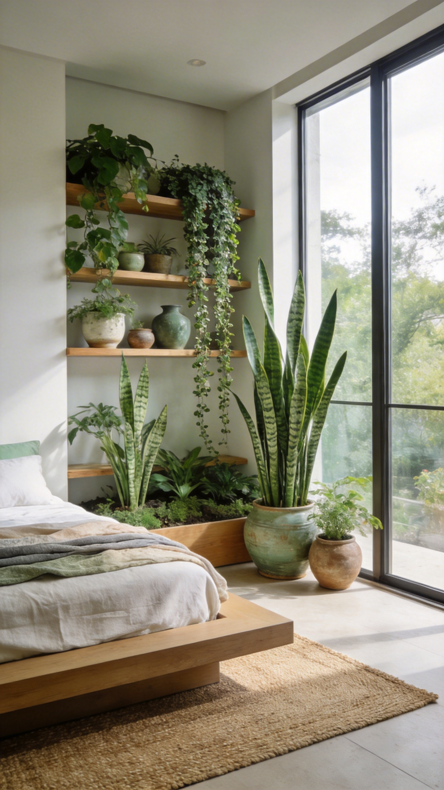 A bright master bedroom corner featuring a variety of air-purifying indoor plants including tall snake plants in a modern interior setting.
