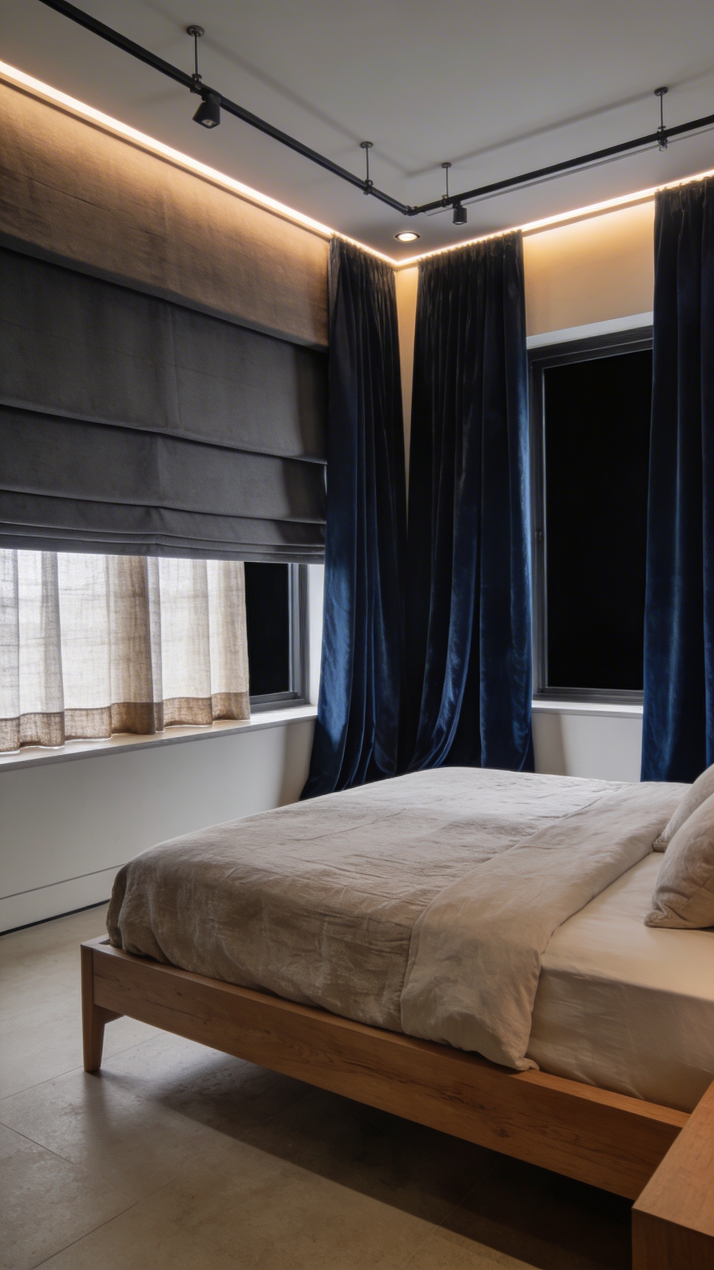 A master bedroom featuring a triple-layered blackout window treatment with organic linens and heavy drapes for light-controlled sleep.