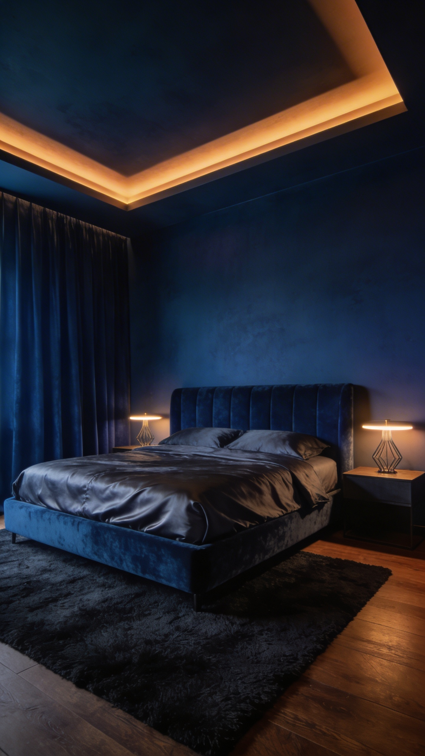A luxurious master bedroom with deep inky blue walls and warm amber lighting to support circadian rhythms and biological sleep synchronization.