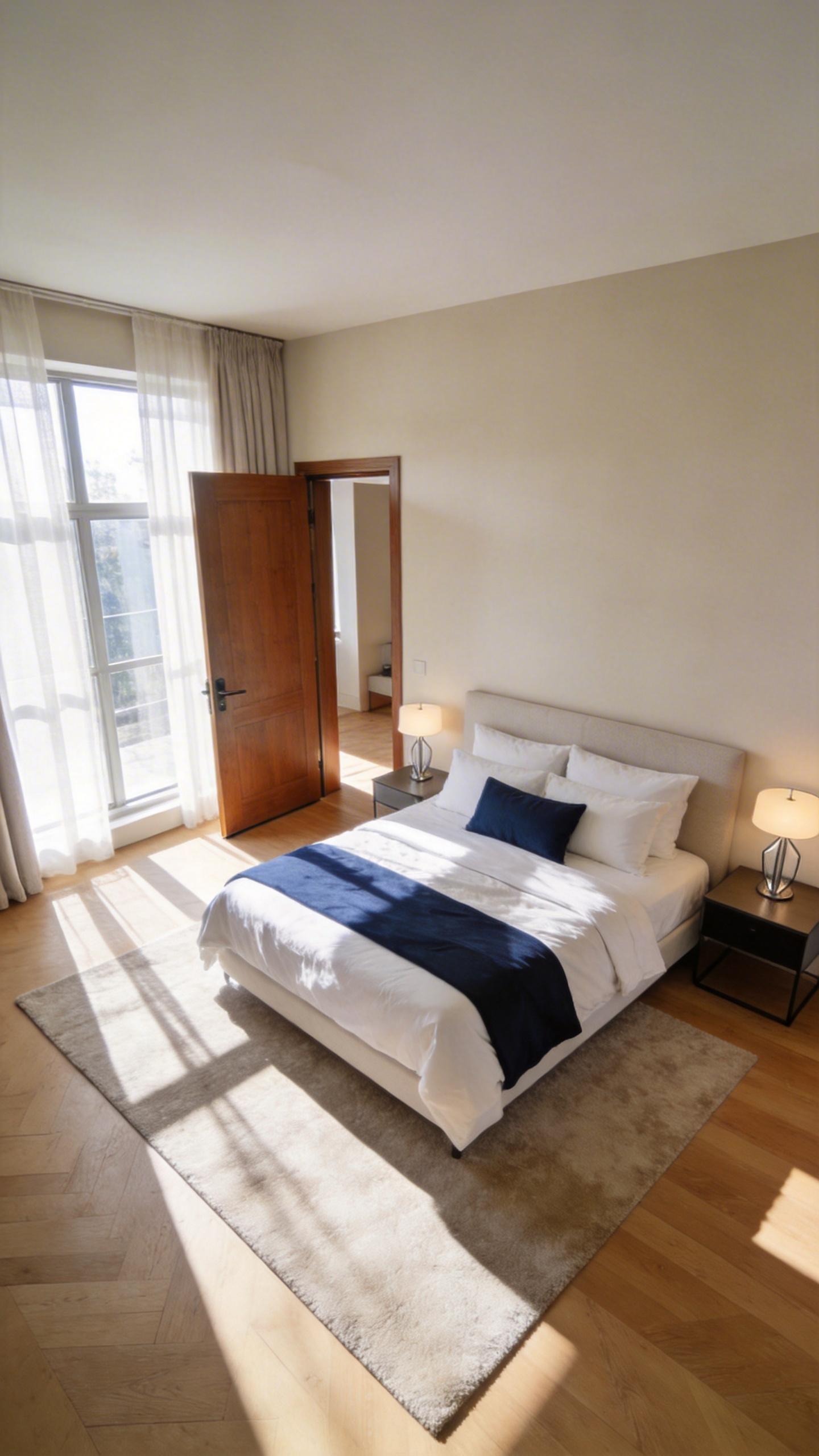 A spacious master bedroom design showing a king bed placed in the command position diagonal to the entryway door for psychological comfort and security.