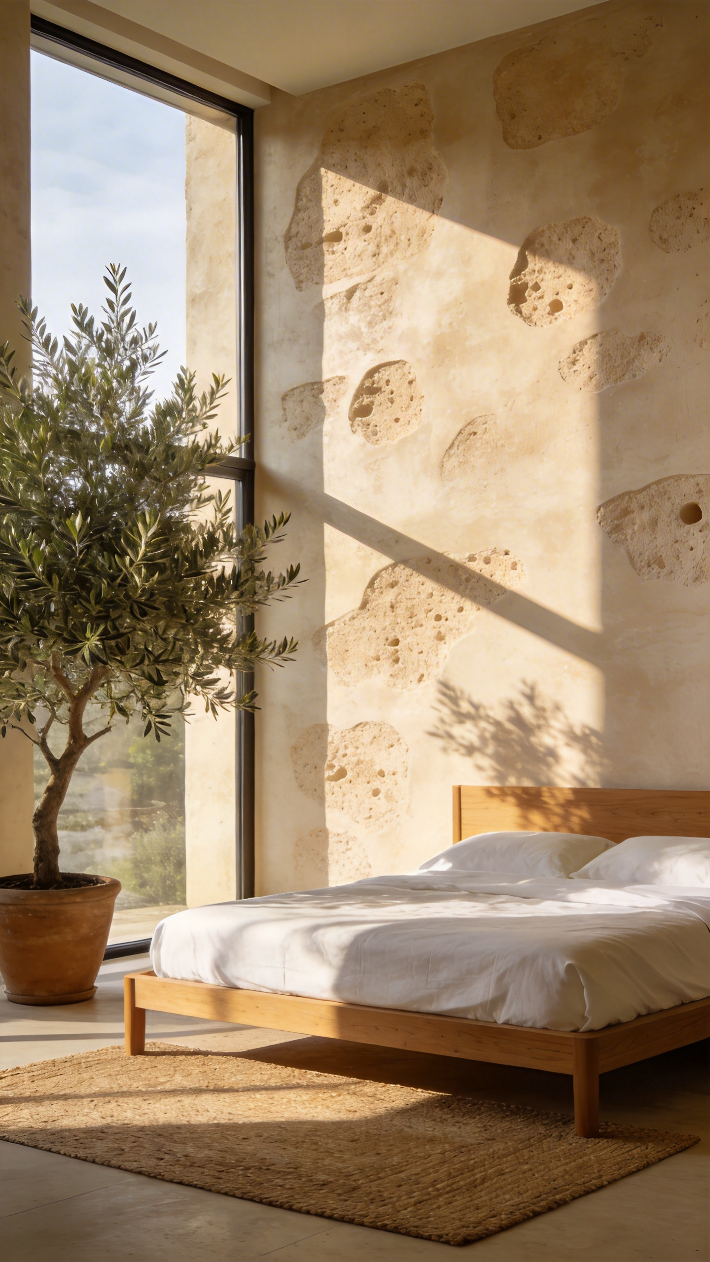 A bright master bedroom with textured beige lime wash walls, a minimalist wooden bed, and natural sunlight streaming through a large window.
