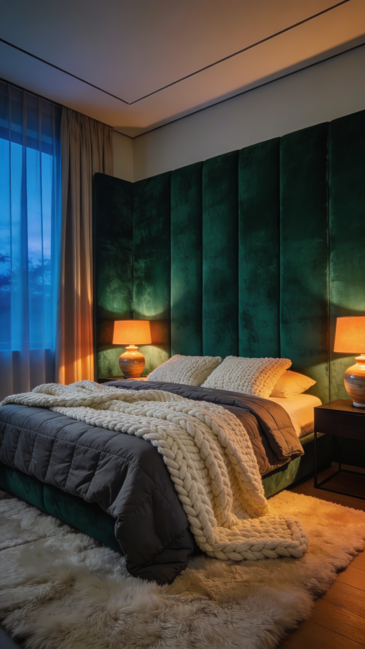 A master bedroom featuring a large bed with a heavy charcoal weighted blanket, chunky wool knits, and an oversized green velvet upholstered headboard for a grounded atmosphere.