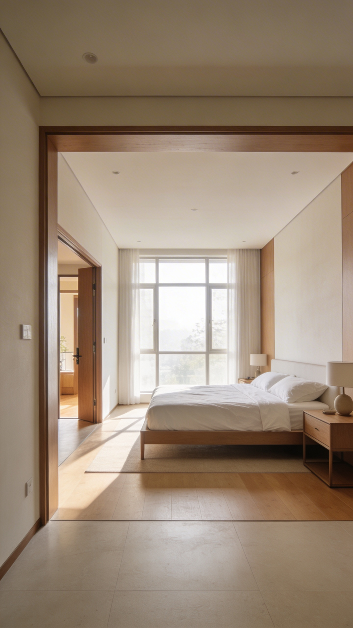 A serene master bedroom layout showcasing the command position bed placement with natural lighting and mindful decor.
