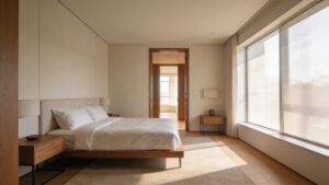 A serene master bedroom layout showcasing the command position bed placement with natural lighting and mindful decor.