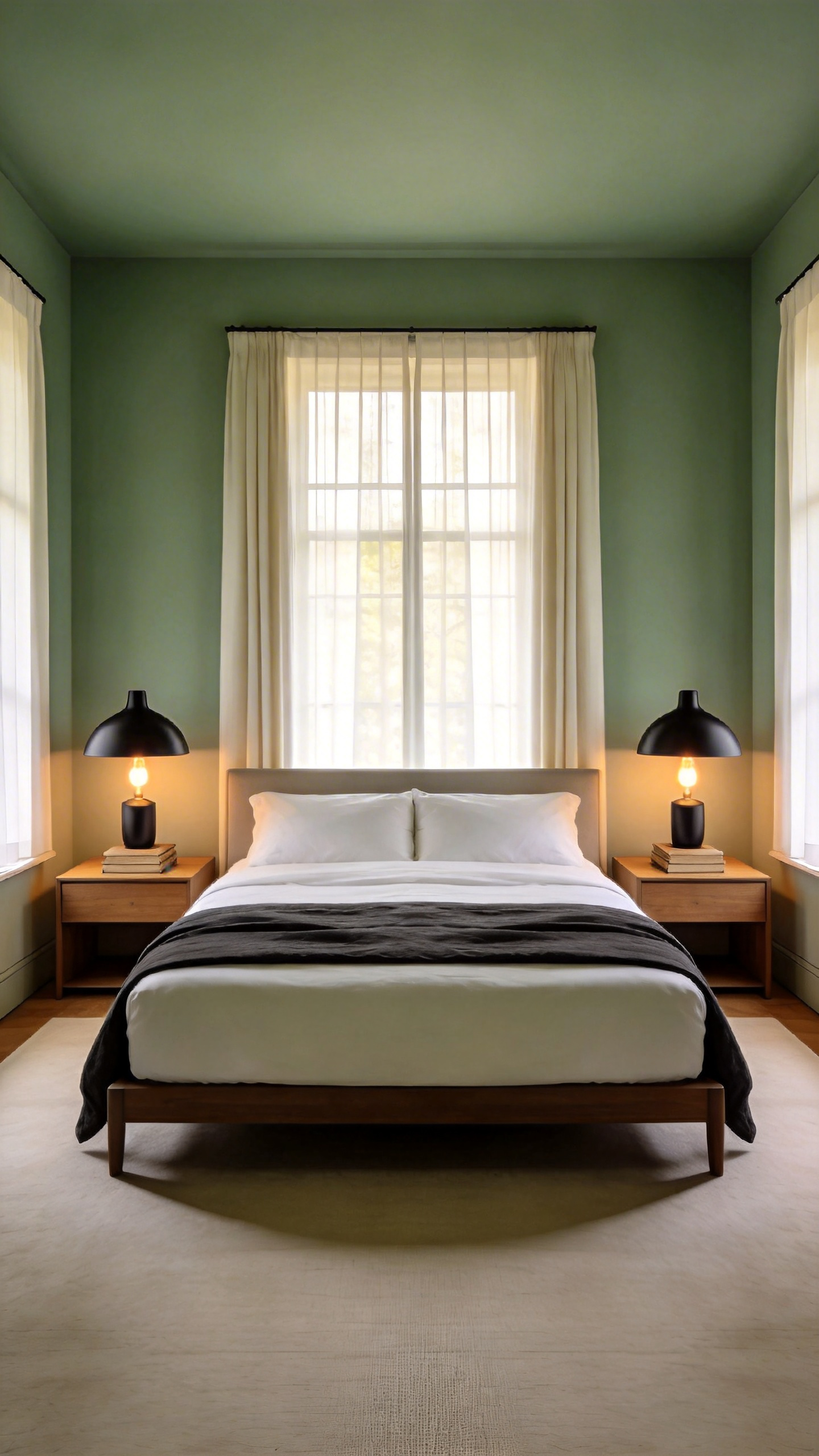 A perfectly symmetrical master bedroom design featuring a centered bed flanked by two identical oak nightstands and matching black lamps for a balanced aesthetic.