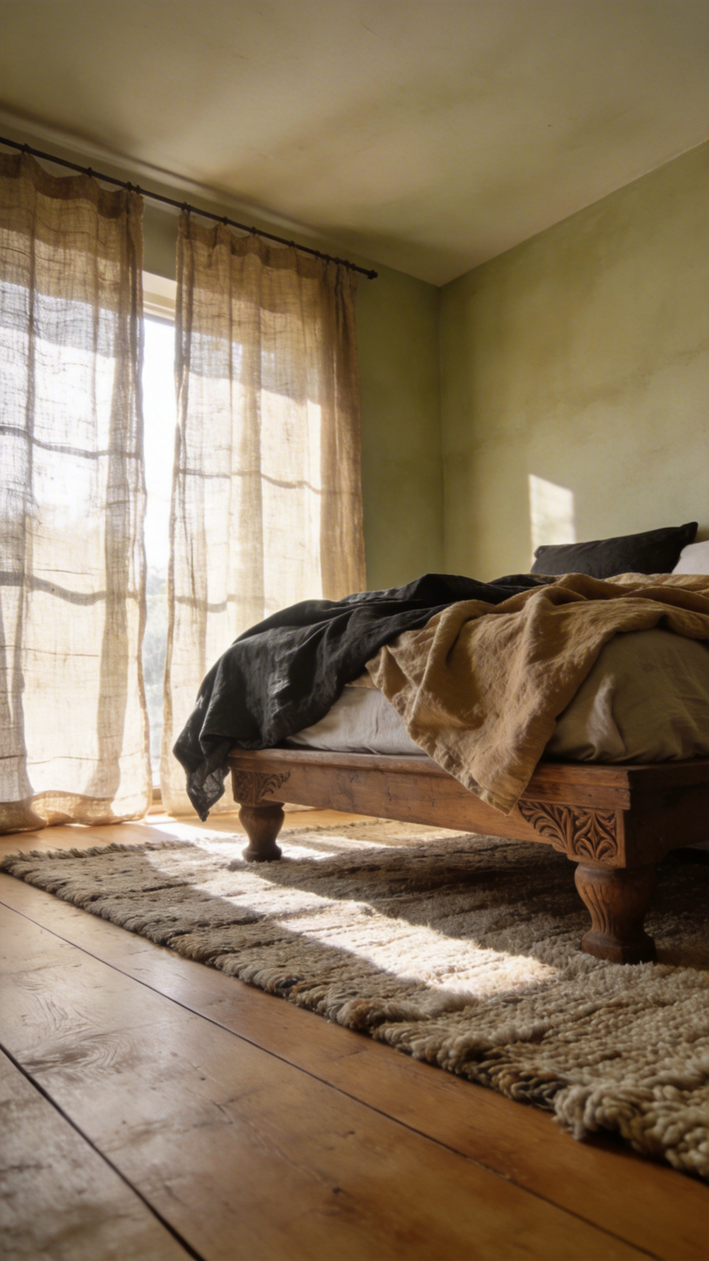 A master bedroom featuring organic stonewashed linen bedding and natural wood accents to promote tactile comfort and wellness.
