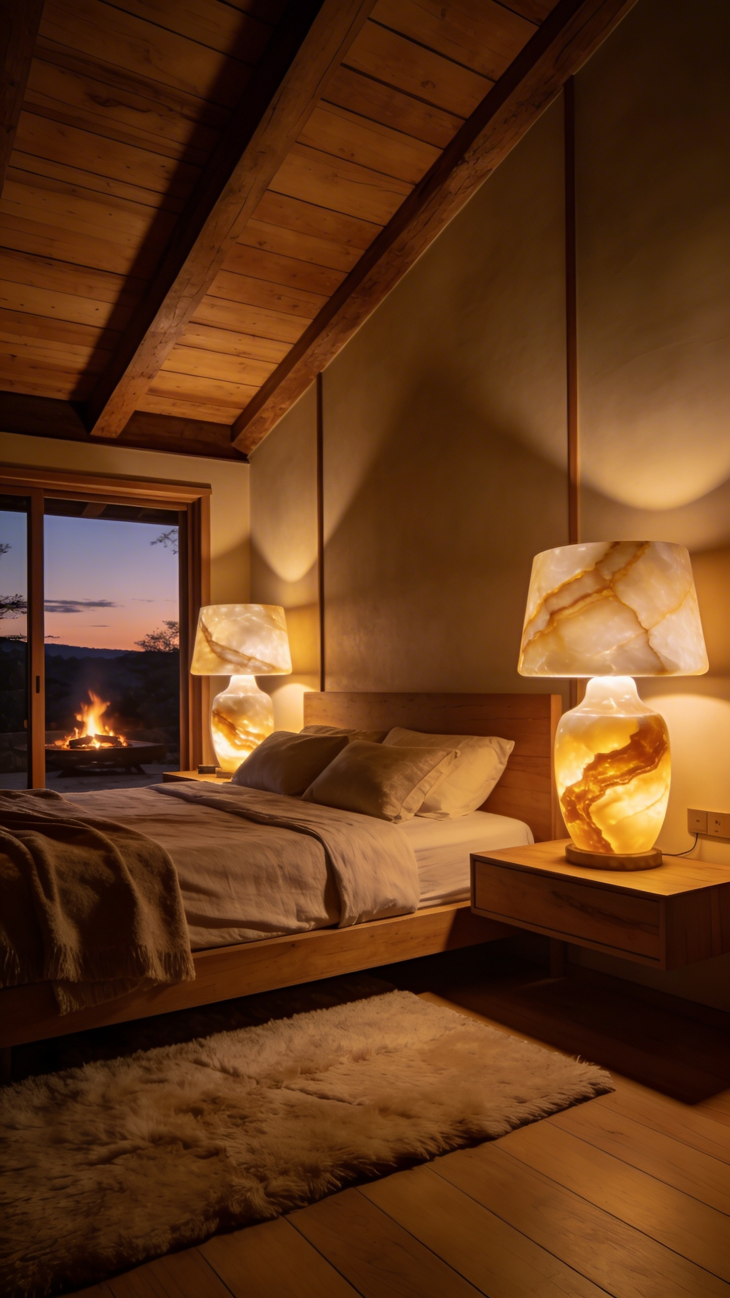 A serene master bedroom illuminated by the warm, amber glow of translucent onyx and alabaster bedside lamps.
