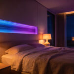 A wide shot of a modern bedroom utilizing various light spectrums through warm lamps and cool accent lighting for circadian health.