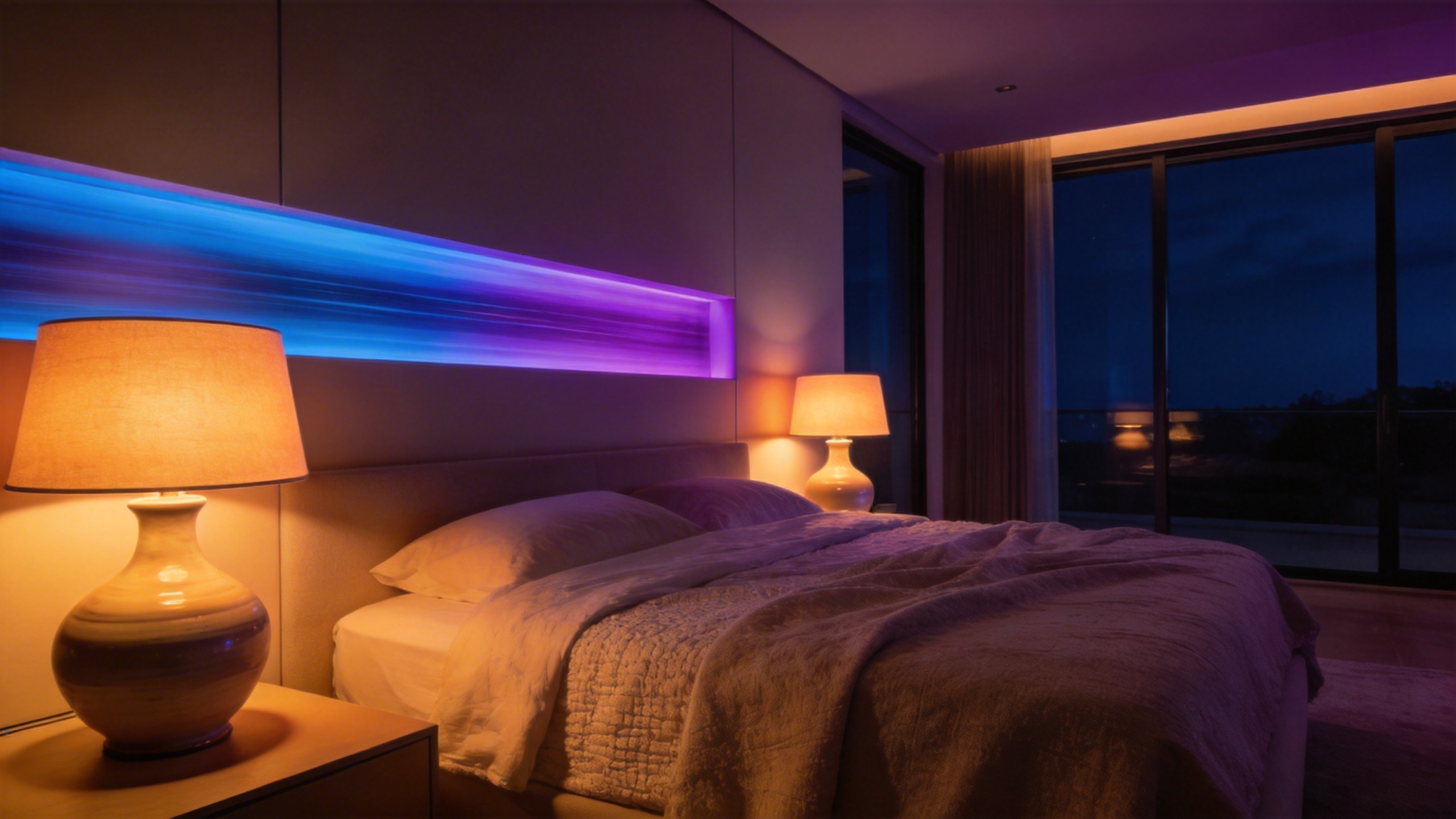 A wide shot of a modern bedroom utilizing various light spectrums through warm lamps and cool accent lighting for circadian health.