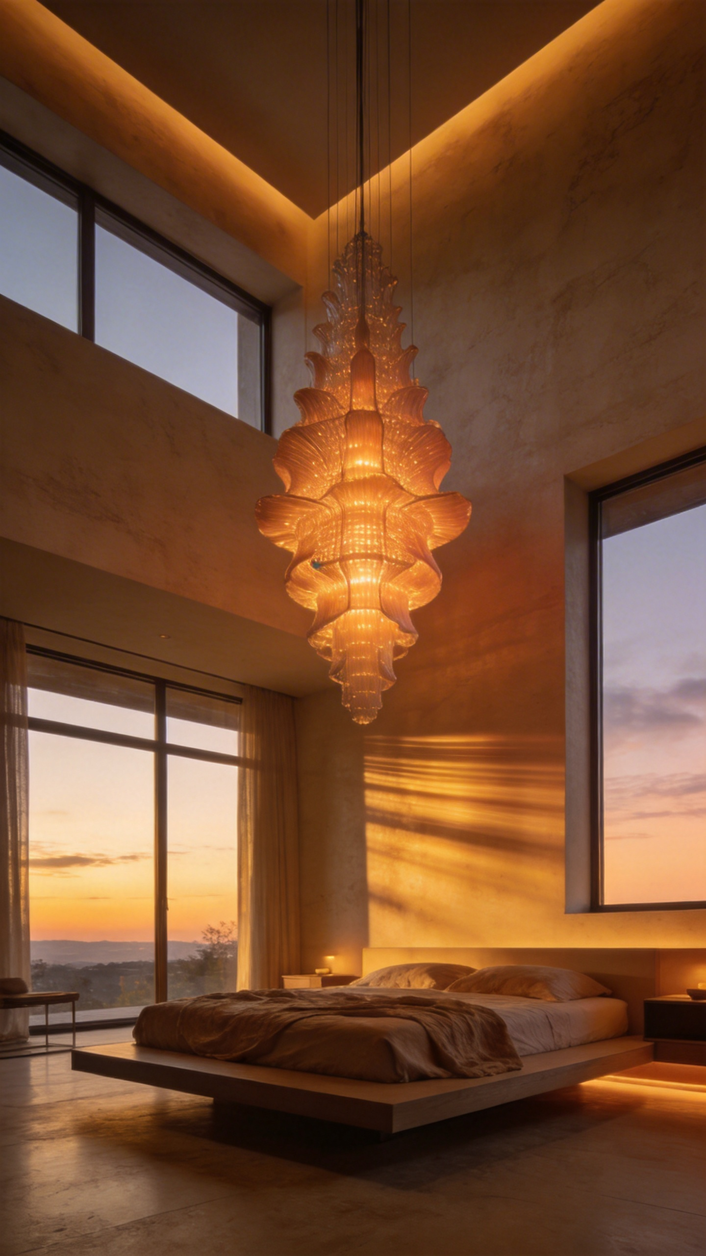 A modern master bedroom featuring a large artistic statement chandelier centered over a low bed with warm ambient lighting.