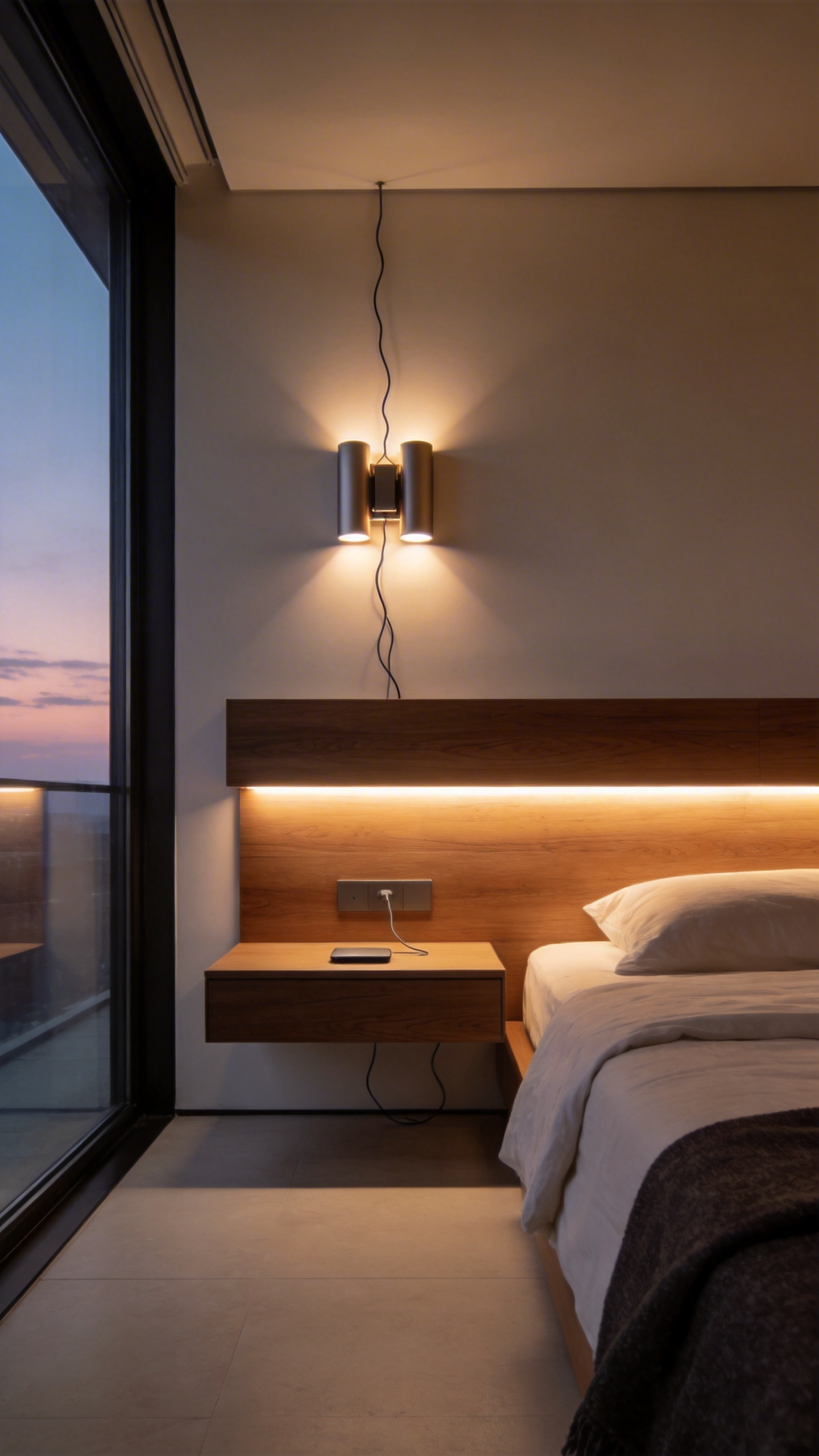 A serene minimalist bedroom featuring hidden lighting and seamless cord management to create a clutter-free and relaxing environment.