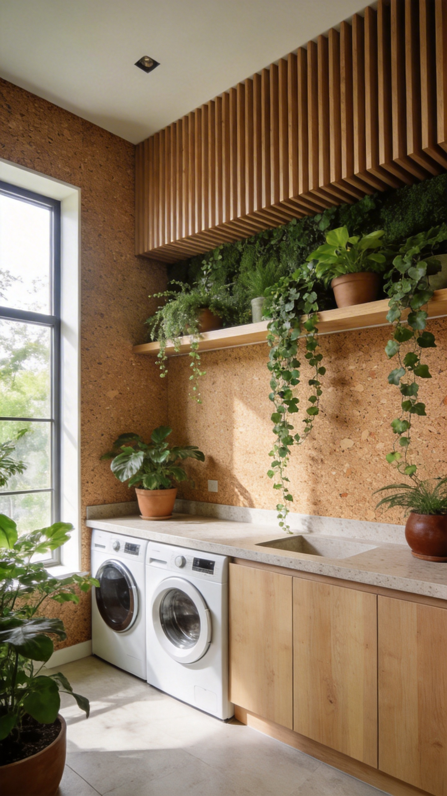 A modern laundry room designed with biophilic elements including cork walls, timber ceiling slats, and indoor plants to promote a calm atmosphere.