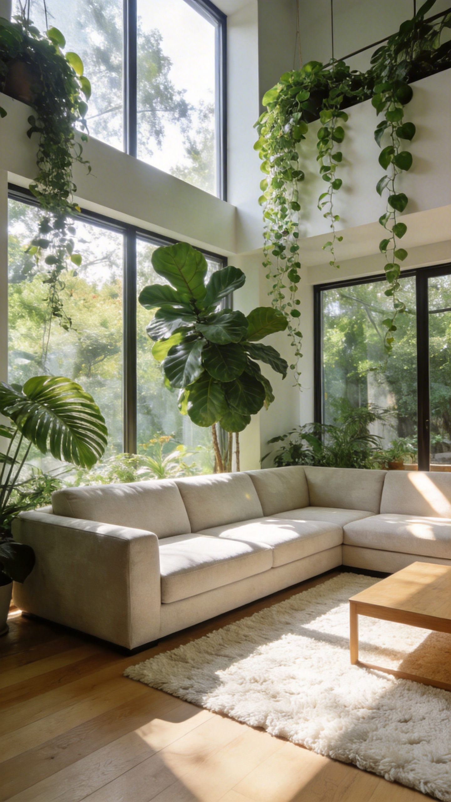 A bright modern living room layout featuring a sofa positioned near large windows to maximize natural light and biophilic design elements.