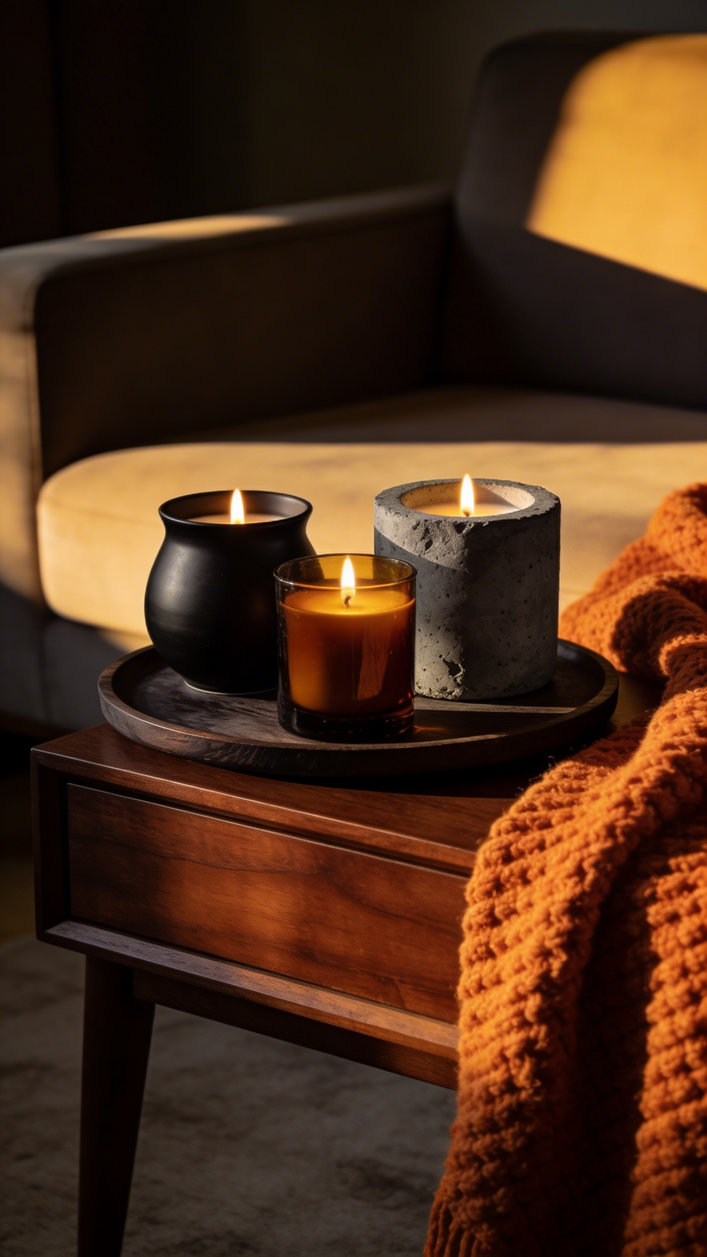 A grouping of matte black ceramic and amber glass candles styled on a walnut side table, representing visual warmth and texture in a luxurious living room setting.