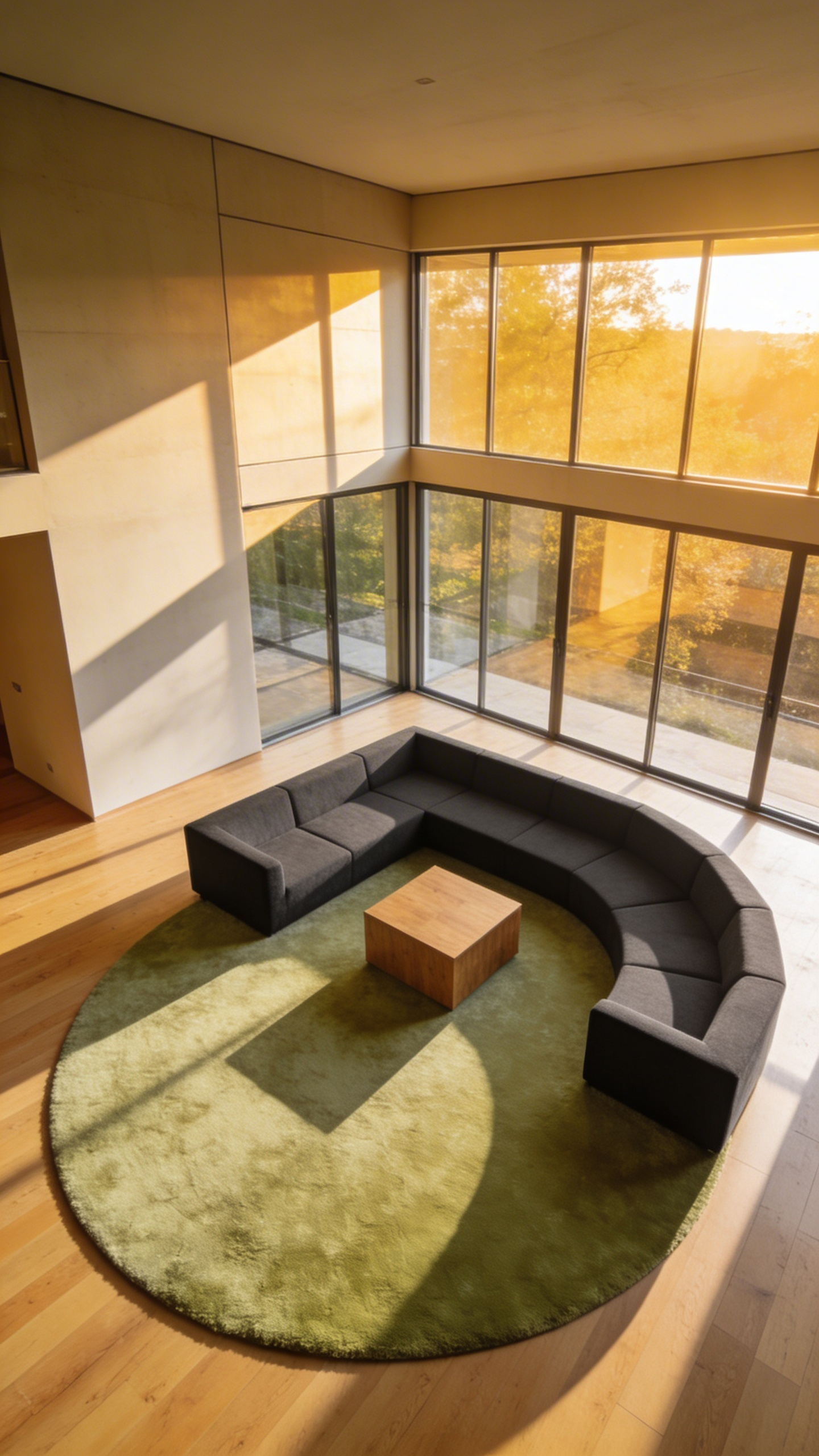 A large round sage green rug centered in a modern boxy living room with angular furniture to create a sense of balance.