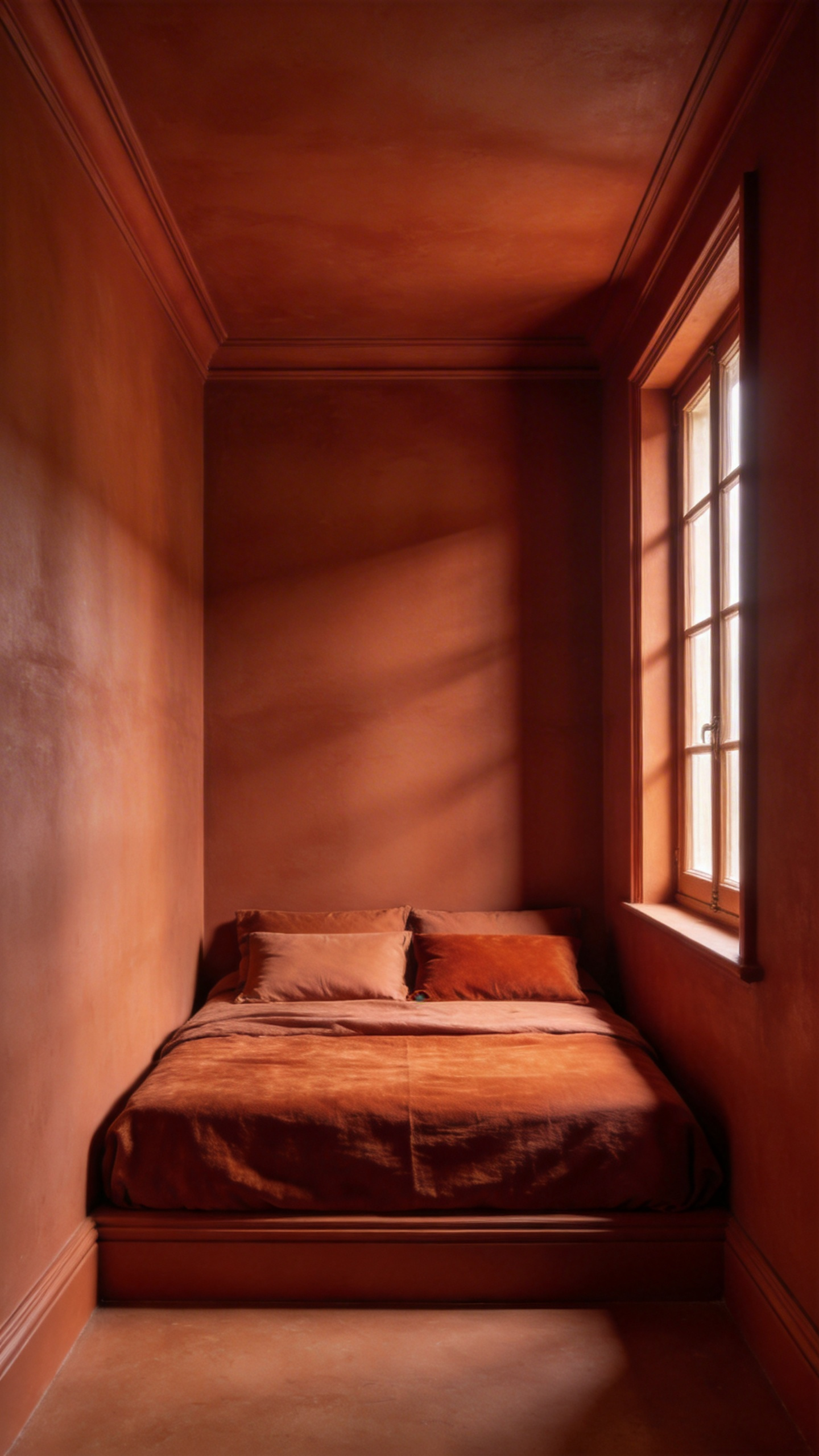 A small bedroom with walls, ceiling, and trim all painted in the same deep terracotta color to demonstrate the color drenching technique.