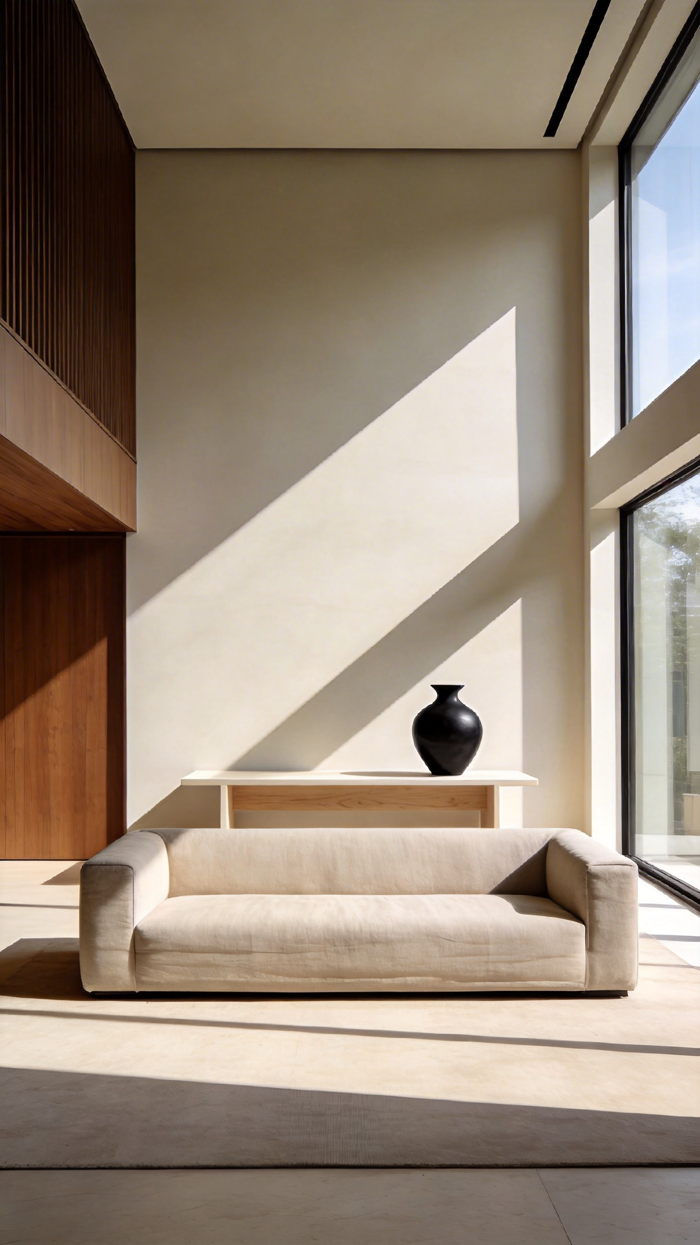 A serene, minimalist Japandi living room showcasing the concept of intentional negative space (Ma), featuring a pale linen sofa and a single black sculptural vase on a low wood table, emphasizing decluttering and visual composition.