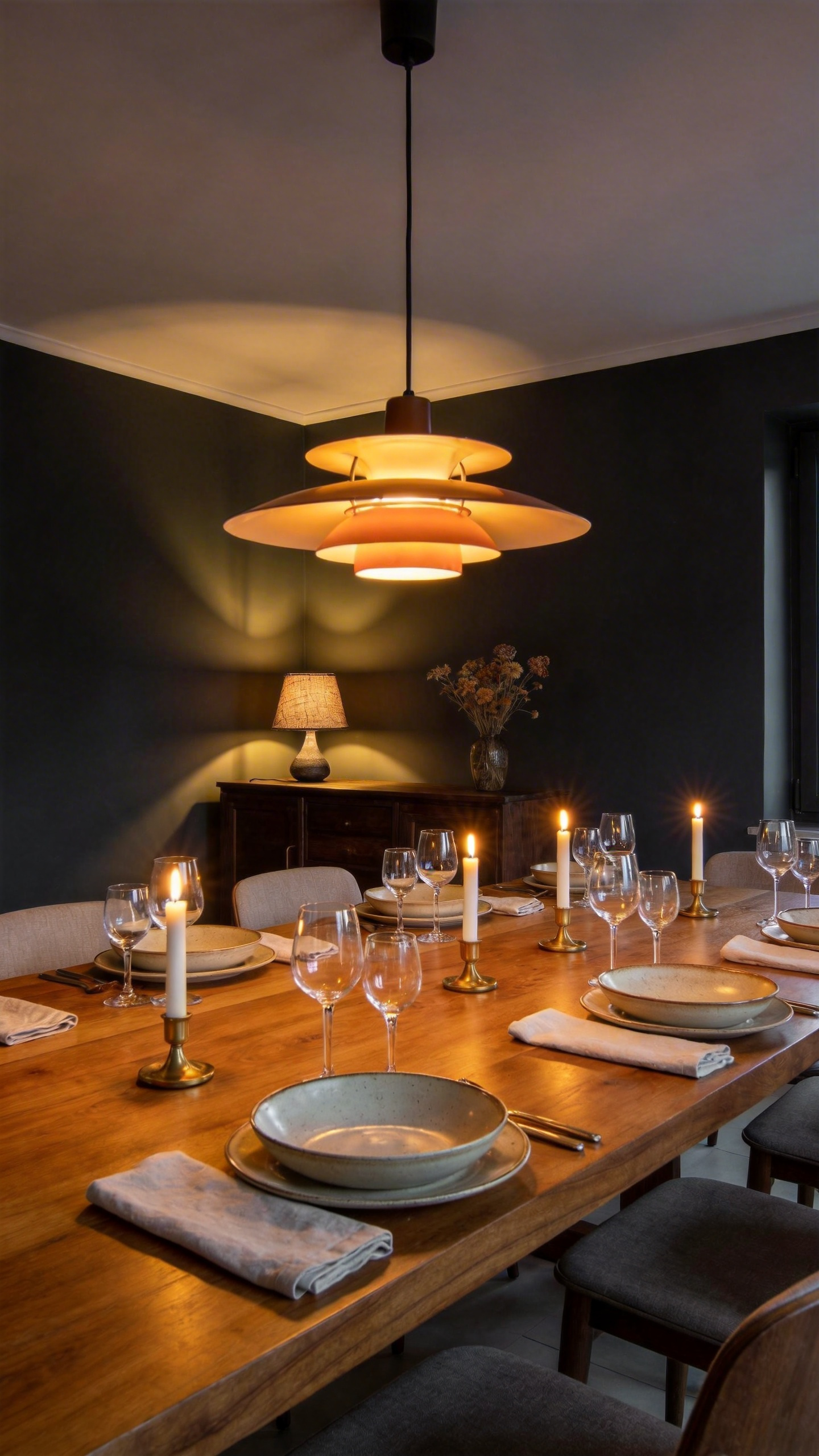 A beautifully decorated dining room with dimmed warm lighting, an oak table set for dinner, and a low-hanging chandelier creating an intimate atmosphere.