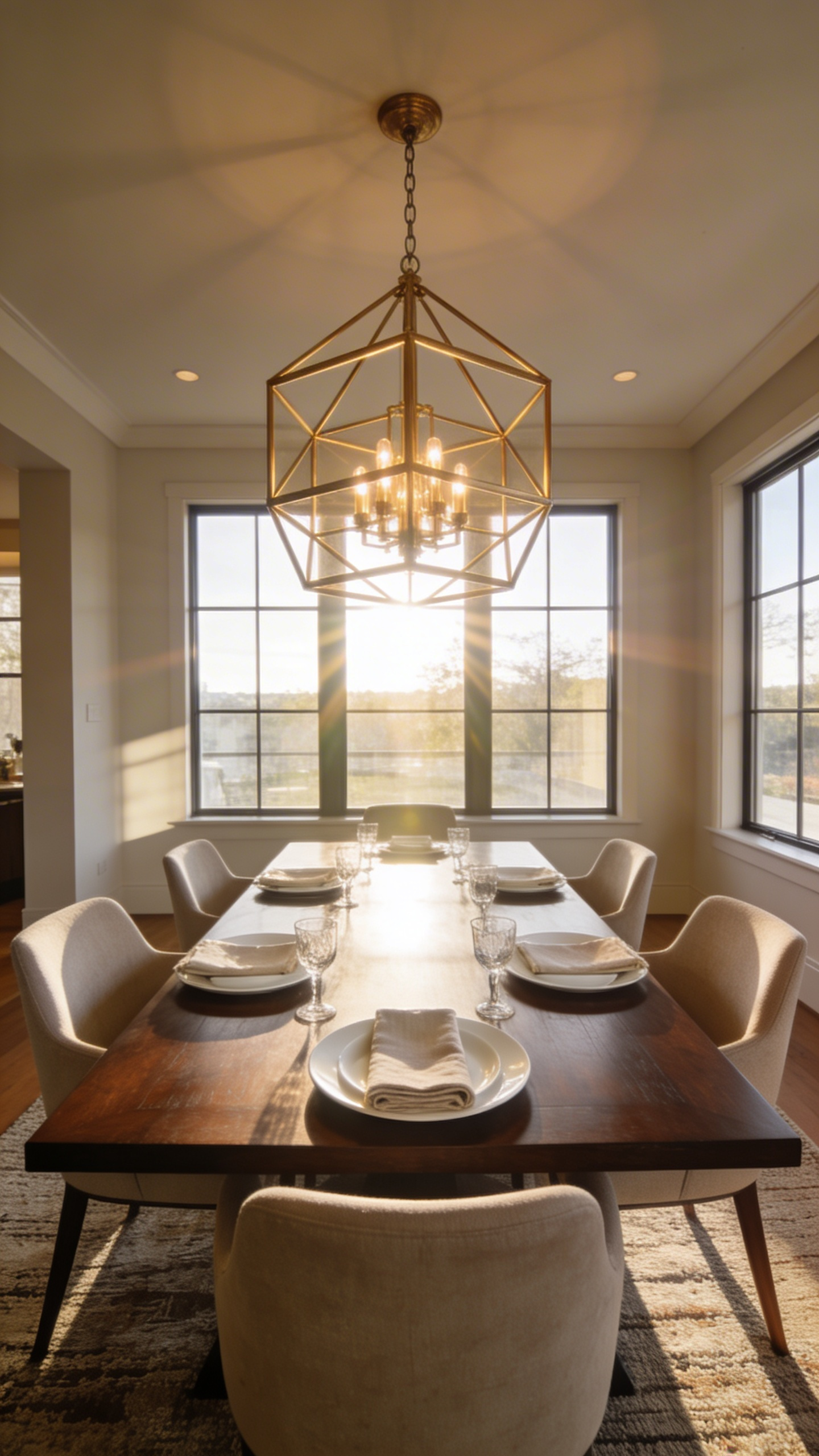 A sophisticated dining room featuring a brass chandelier hung at the perfect height above a set dining table to illustrate the 30-inch rule.