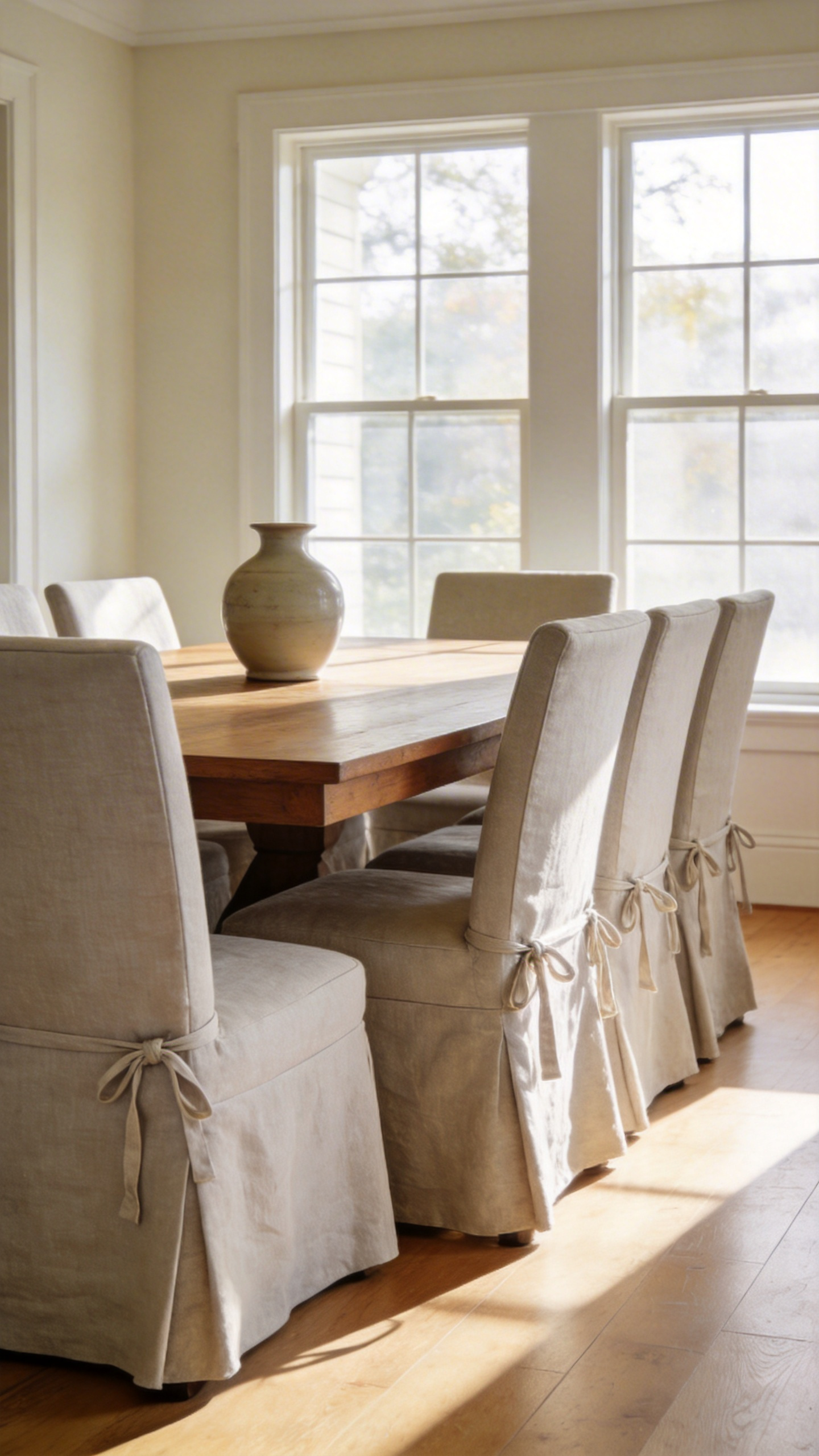 A bright dining room featuring wooden tables and chairs with elegant stone-colored linen slipcovers and natural lighting.