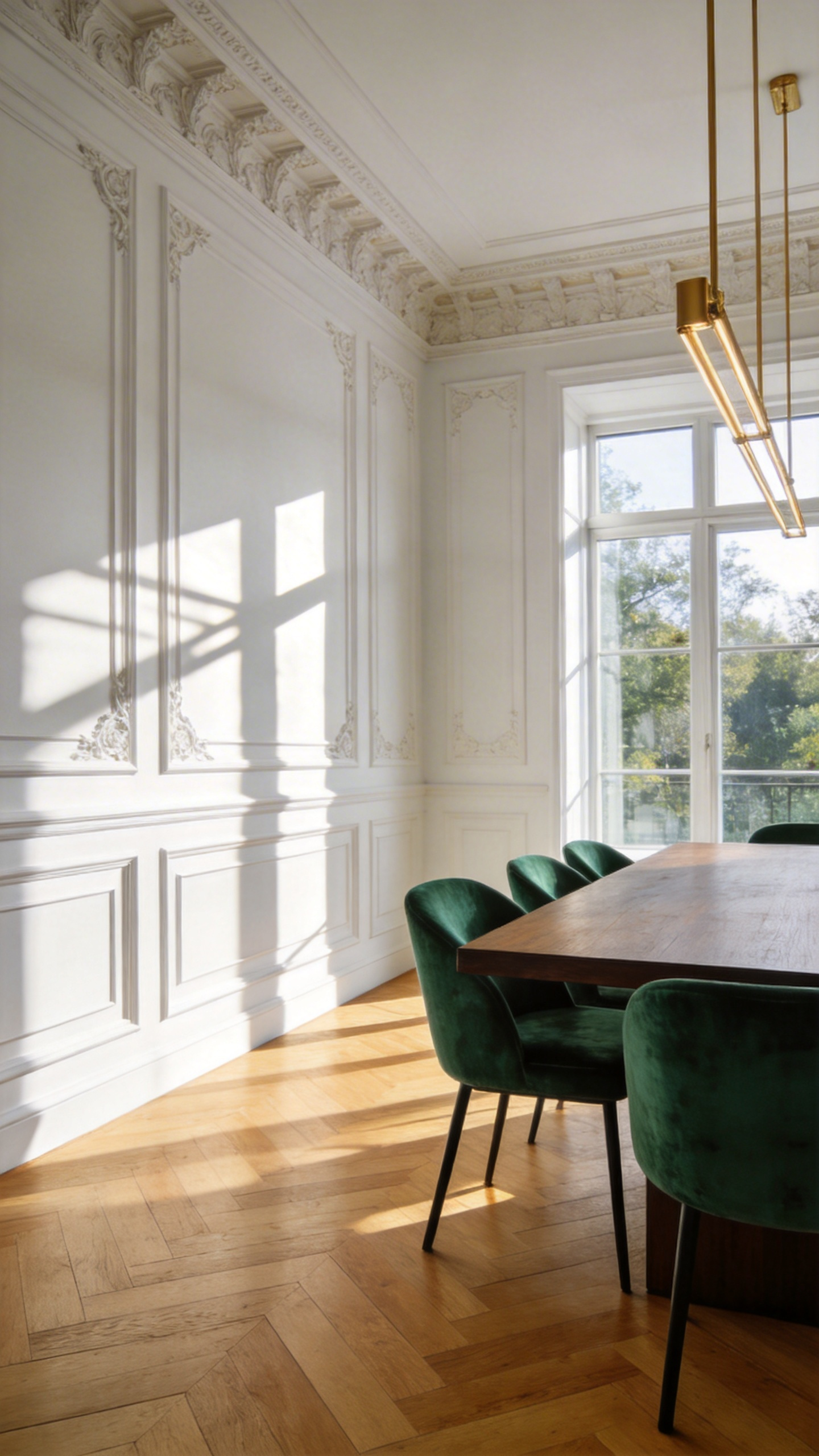A modern dining room with elegant white wainscoting, a dark wood table, and soft natural lighting highlighting the architectural wall moldings.