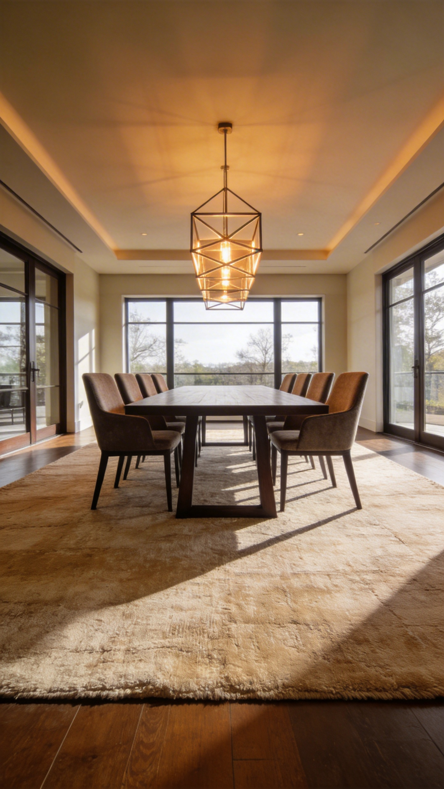 A spacious modern dining room featuring a large area rug that perfectly anchors a wooden dining table and chairs according to the golden ratio.