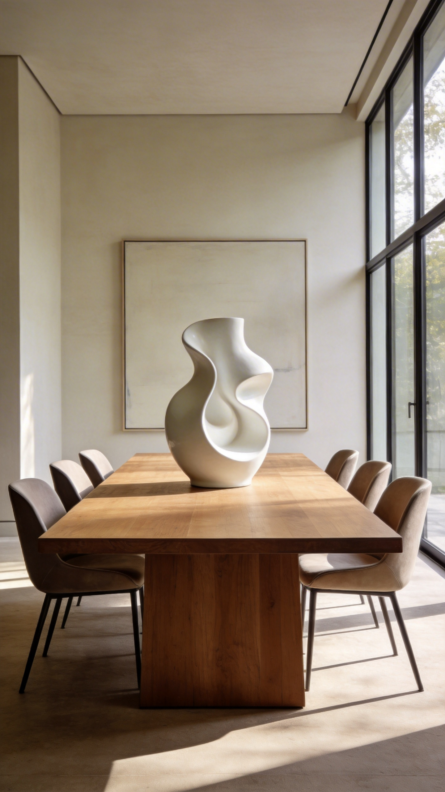 A modern dining room featuring a large abstract white ceramic sculpture on a wooden table acting as a permanent year-round centerpiece.